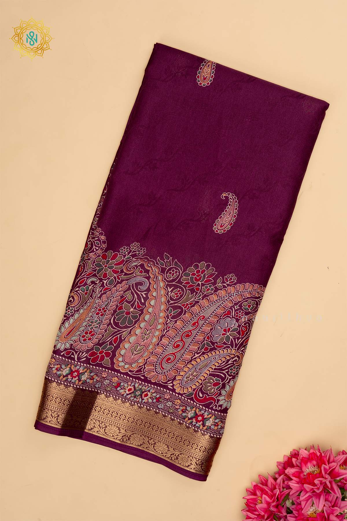 Wine - Semi Georgette Saree Printed Body With Zari Border