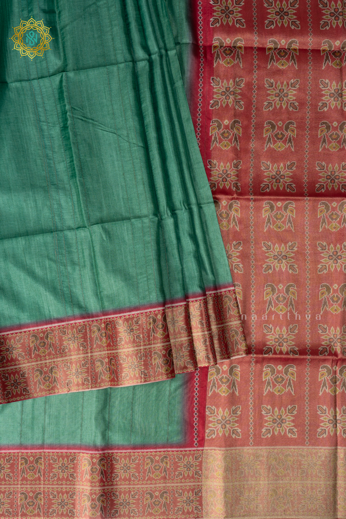 AQUA GREEN WITH RED - SEMI TUSSAR SILK