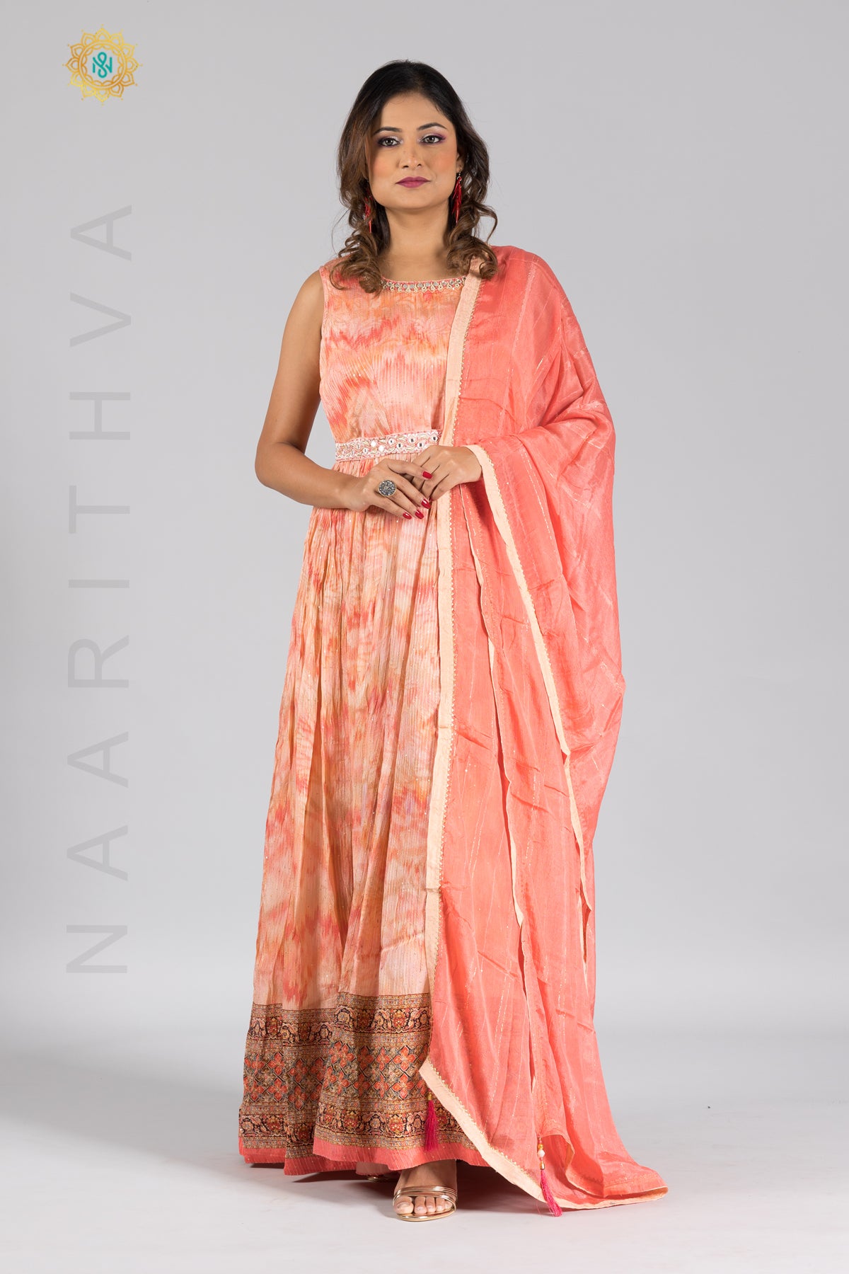 PEACH - PARTY WEAR GOWN WITH NECK LINE HAND WORK & DUPATTA