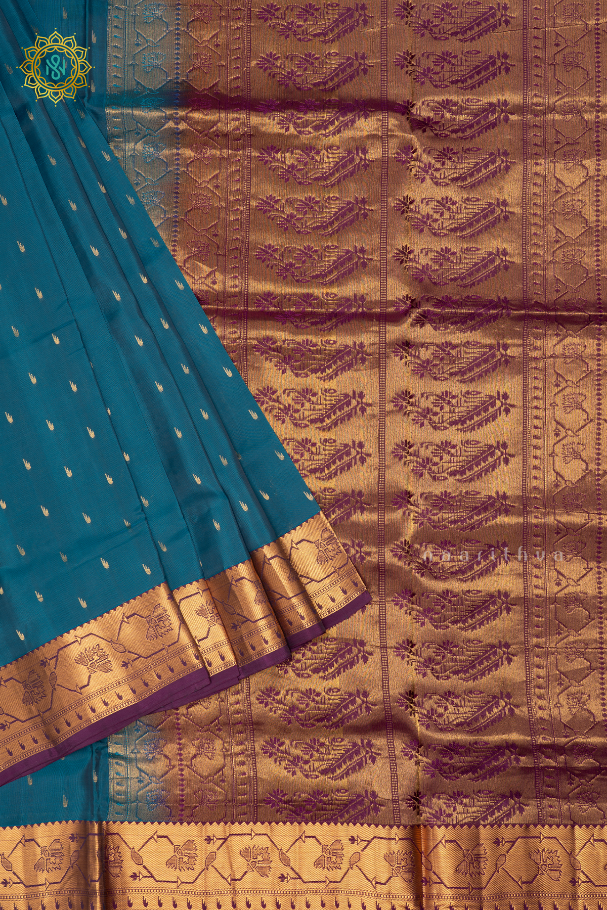 Blue with Purple Pure Mix Kanjivaram Soft Silk Saree with All-Over Zari Buttas and a Contrast Zari Border