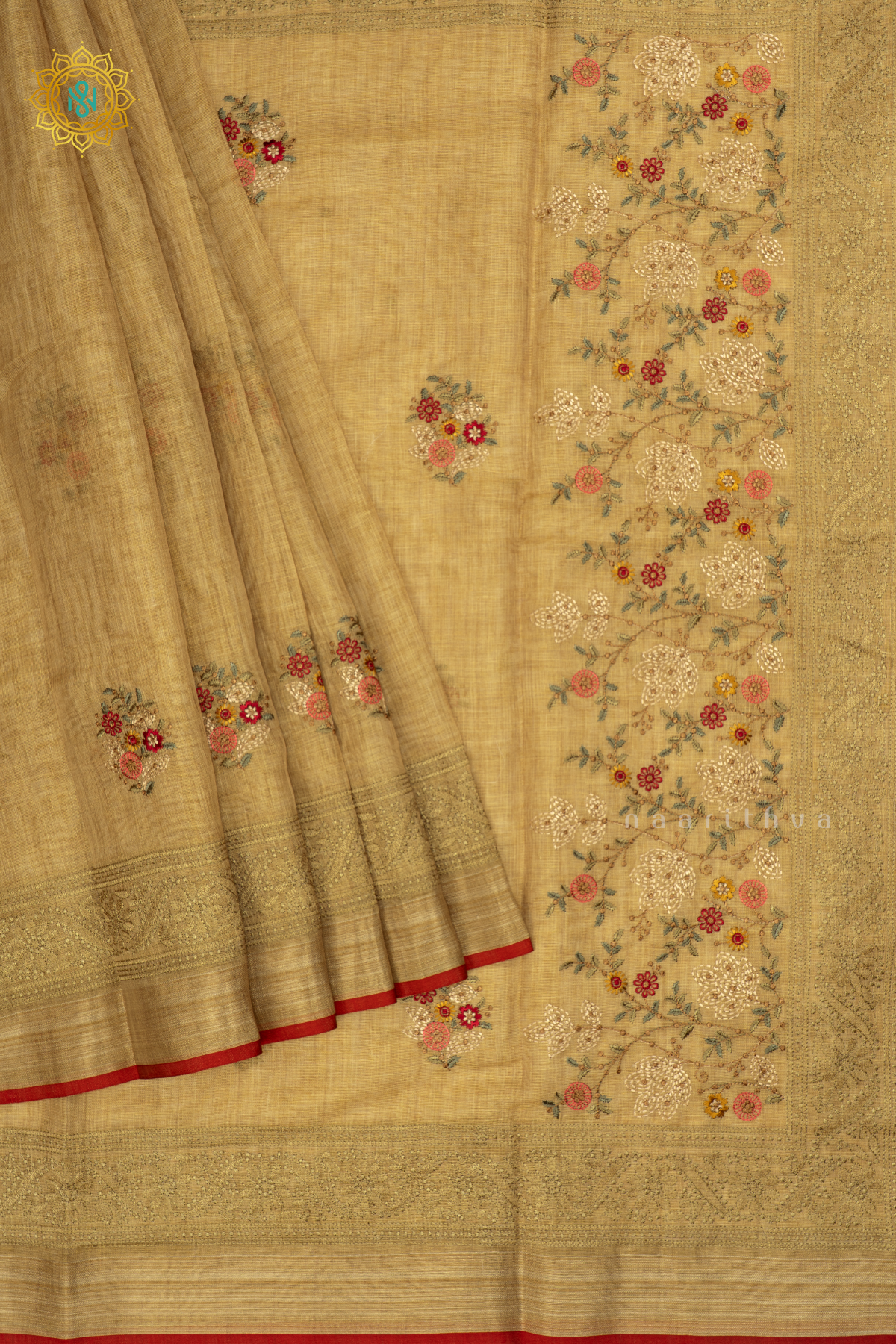 Yellow - Linen Tissue Saree Allover Thread Work Buttas with Tissue Border