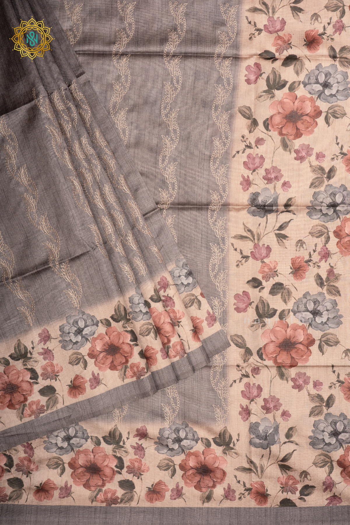 GREY WITH BEIGE - SEMI TUSSAR SILK