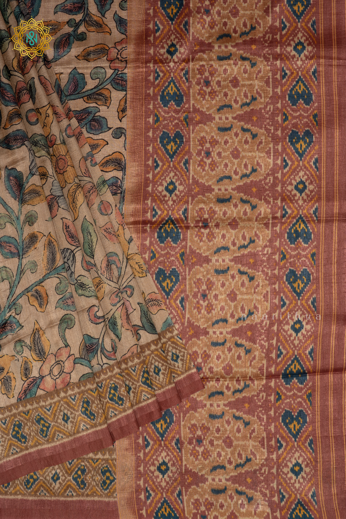 Beige With Light Pink - Semi Gicha Tussar Saree Allover Kalamkari Printed Body With Pallu And Blouse