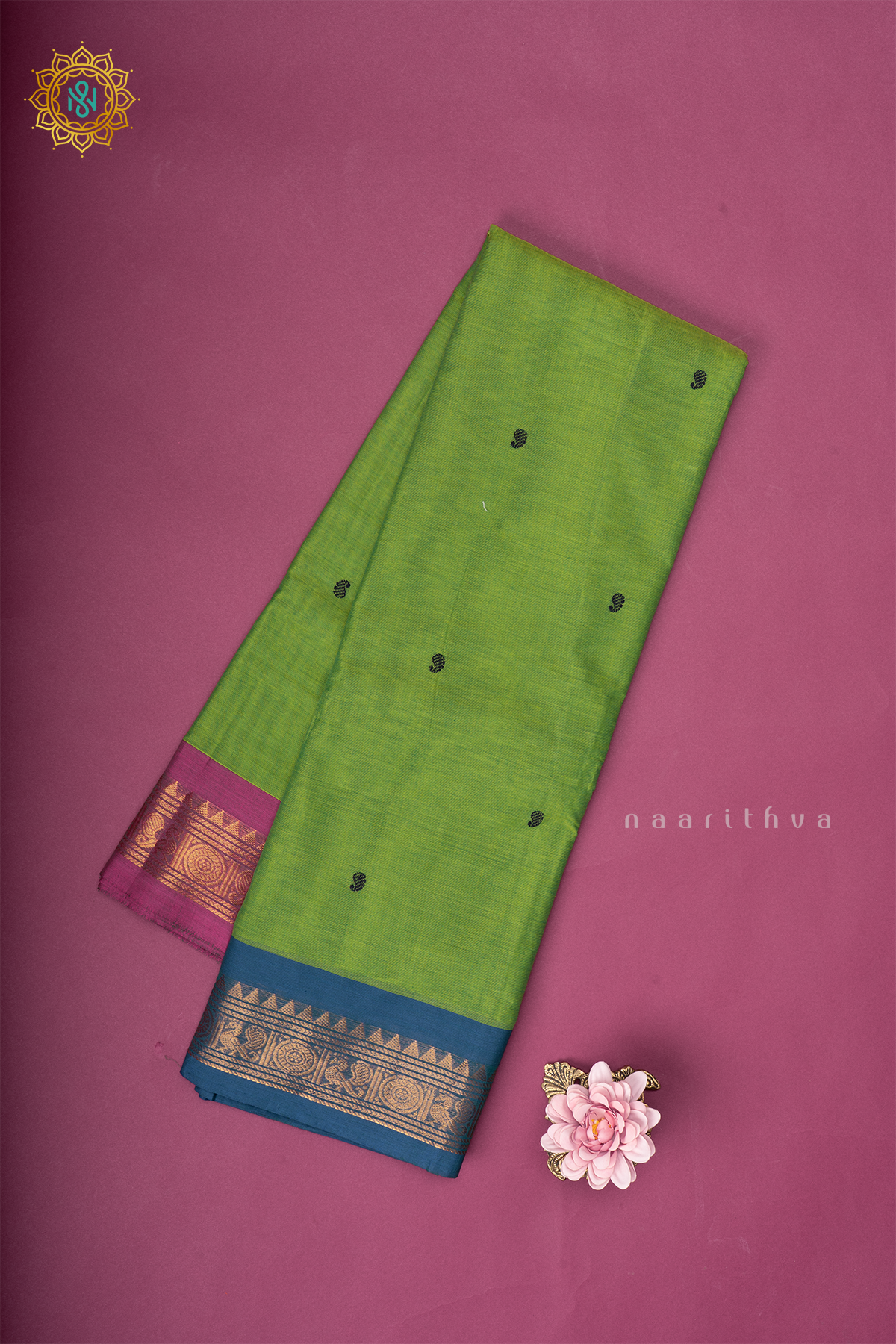 Parrot green With Blue & Pink Chettinad Cotton Saree With Thread Woven Buttas & Ganga Jamuna Contrast Border