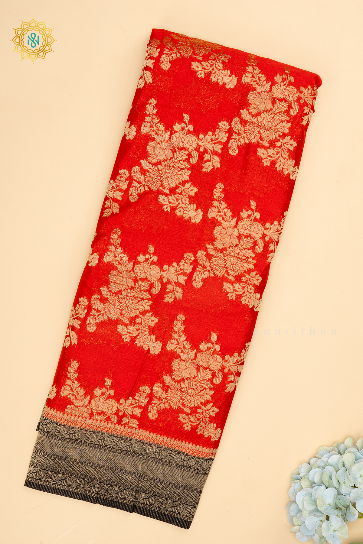 RED WITH BLACK - SEMI CREPE GEORGETTE WITH ALLOVER ZARI WOVEN FLORAL BROCADE WEAVES AND ZARI WOVEN CONTRAST BORDER
