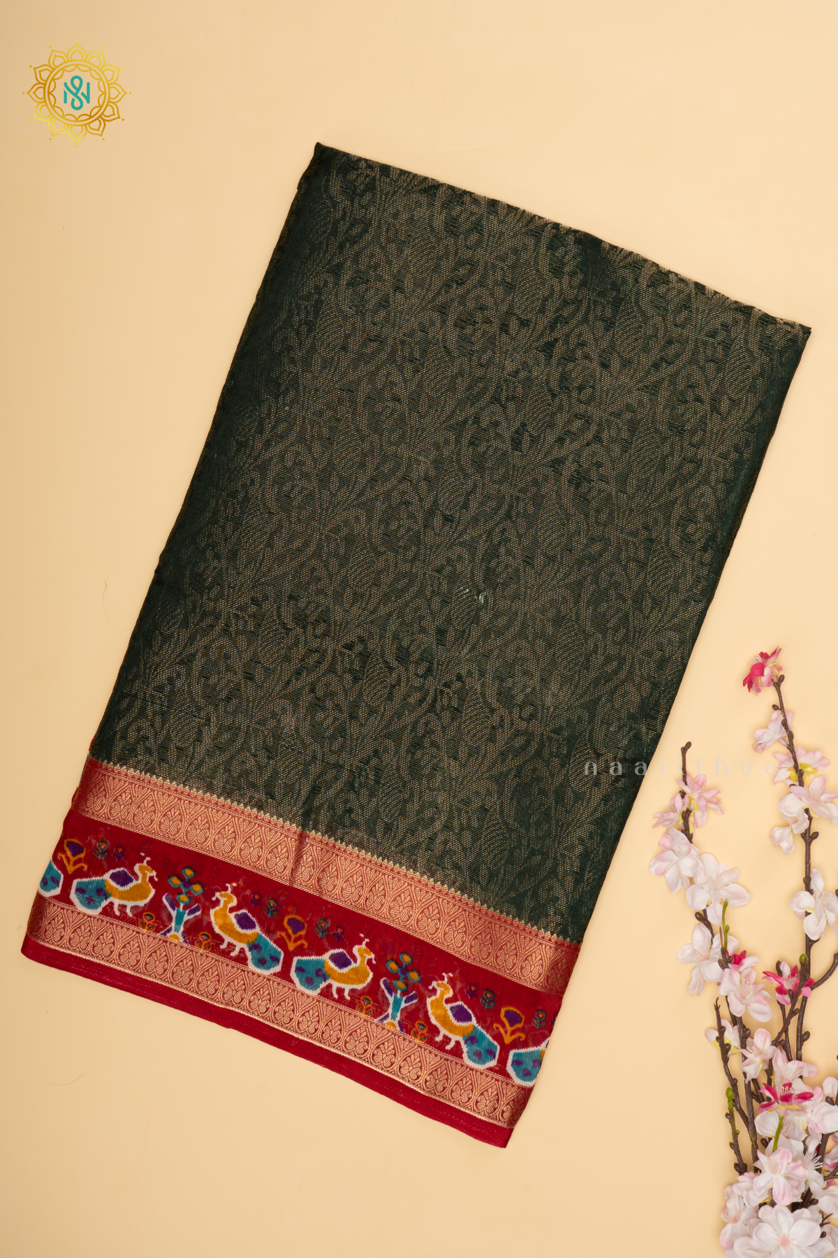 Bottle Green With Red Dola Silk Saree With Zari Woven Body And Printed Zari Border