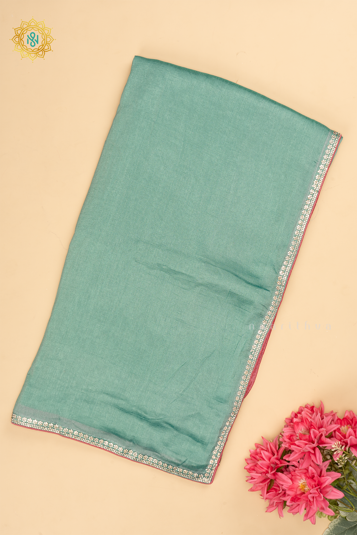 Blue with Pink - Party Wear Tussar Georgette Saree Allover Plain Body with Stone Work Border, with Contrast Blouse