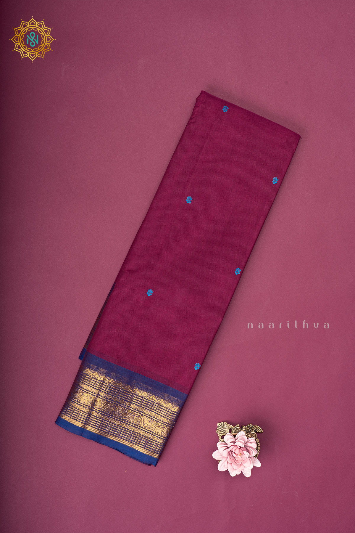Magenta With Blue Chettinad Cotton Saree With Thread Woven Buttas & Contrast Border