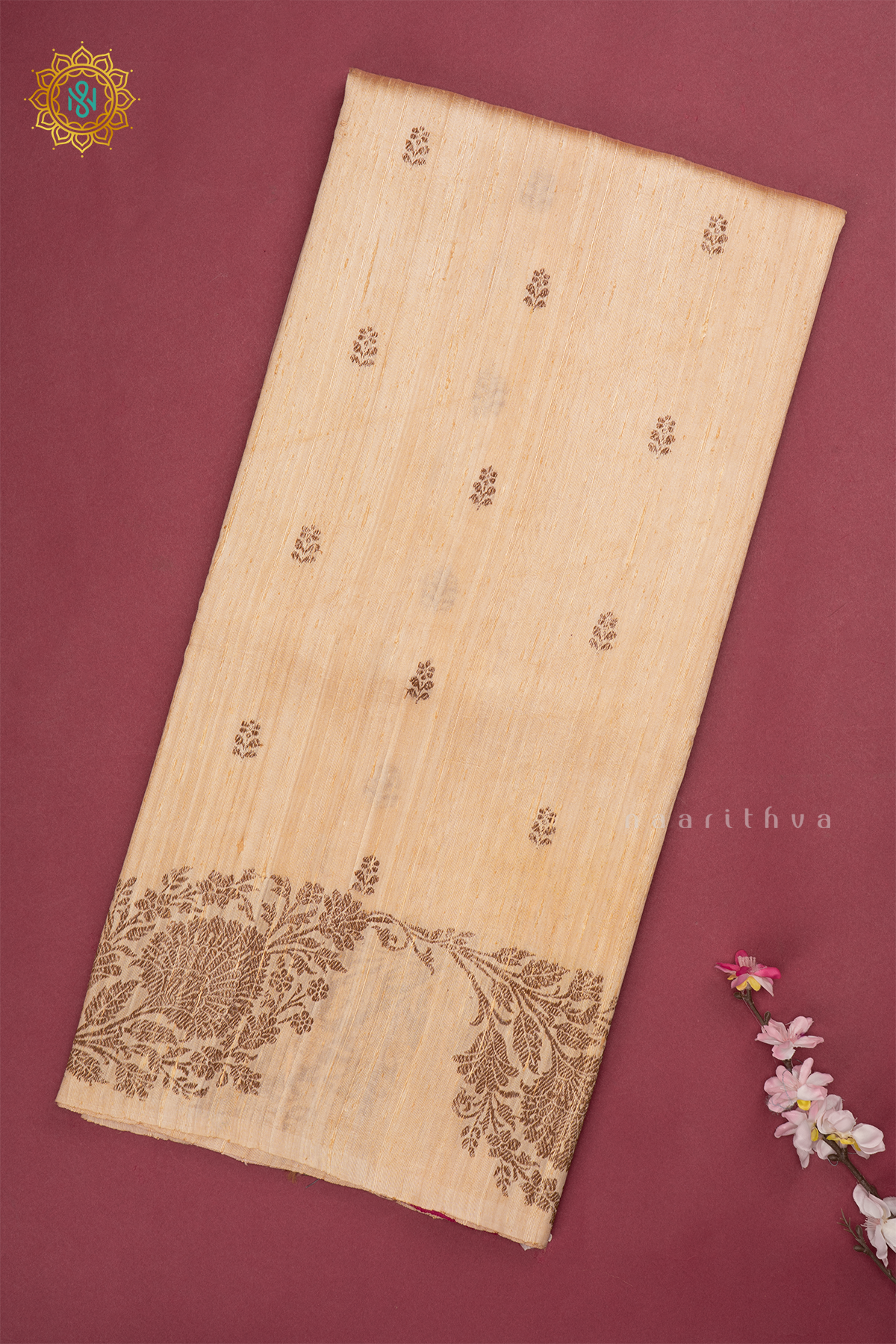 Off White with Pink Pure Banarasi Raw Silk Saree With Allover Zari Buttas And Zari Border