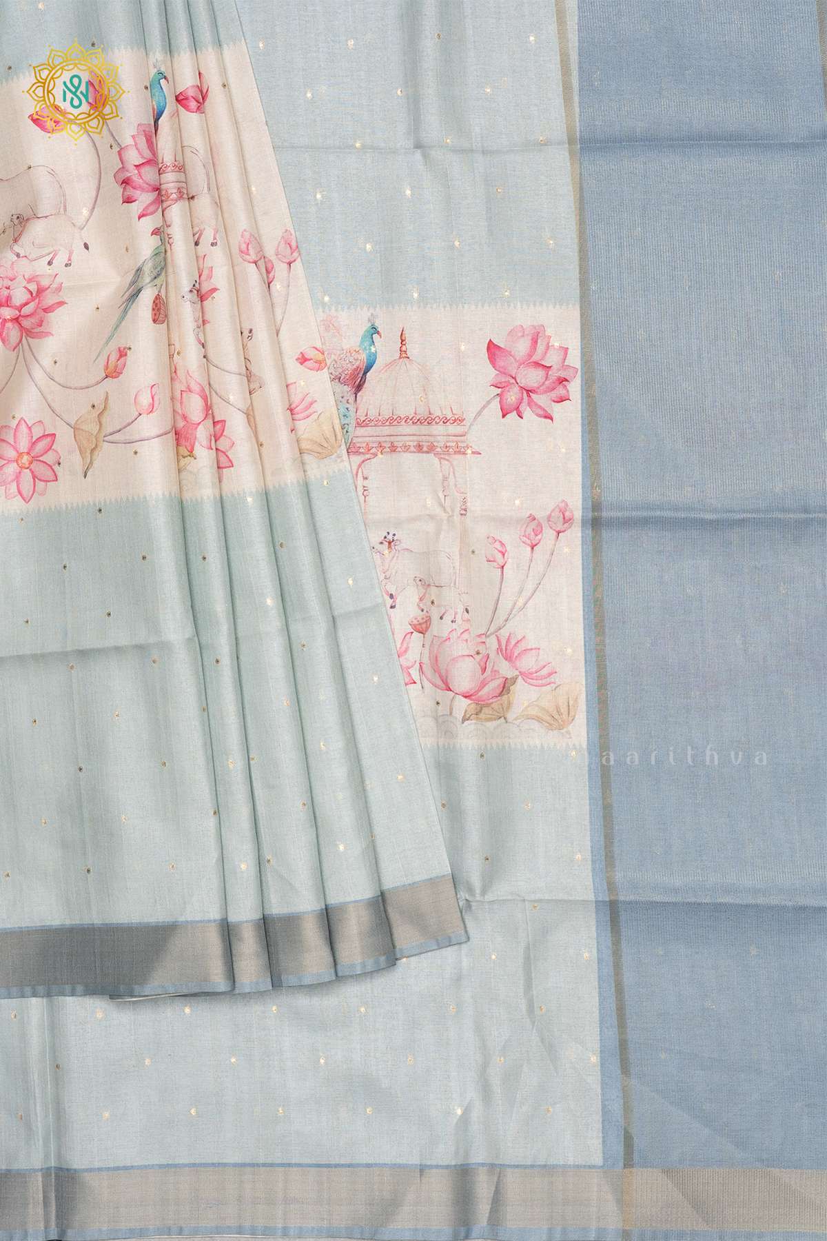 AQUA BLUE WITH OFF WHITE - SEMI TUSSAR