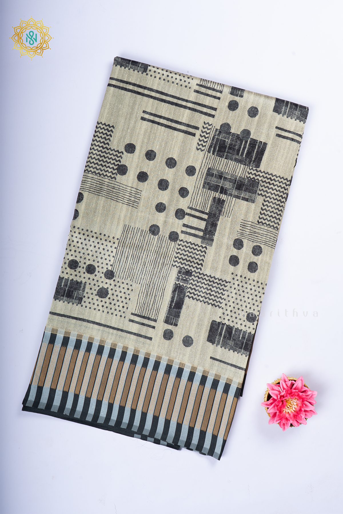 Black Semi Tussar Silk With Printed Body With Zari Border & Pallu