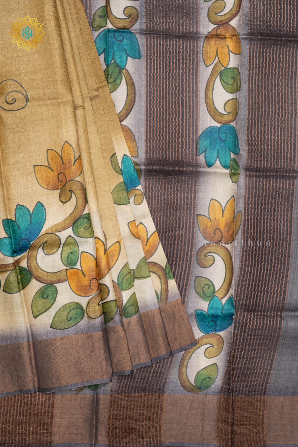 OLIVE GREEN WITH GREY - PURE TUSSAR SILK WITH HAND PAINTED
