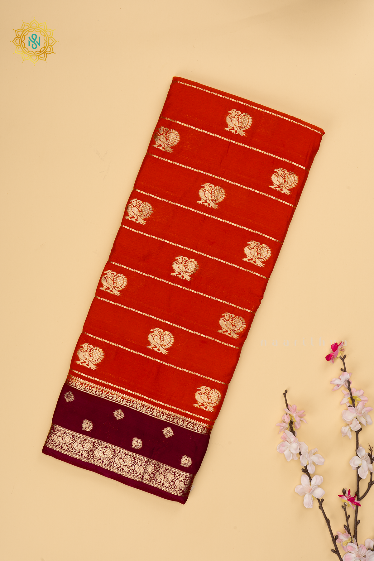 Rust Orange with Brown Semi Mysore Crepe Silk Saree with All-Over Zari Stripes and Zari Buttas on the Body and a Contrast Zari Border