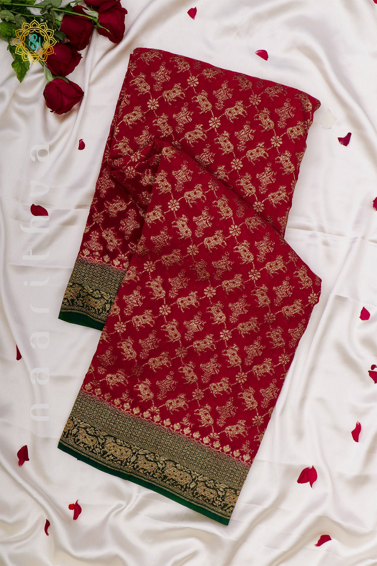 RED WITH GREEN - PURE HANDLOOM KHADDI GEORGETTE BANARAS