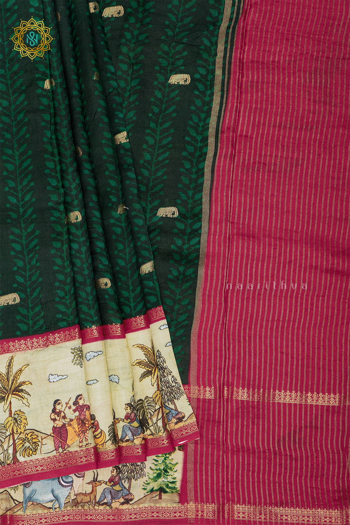 BOTTLE GREEN WITH RED - SEMI CREPE SILK