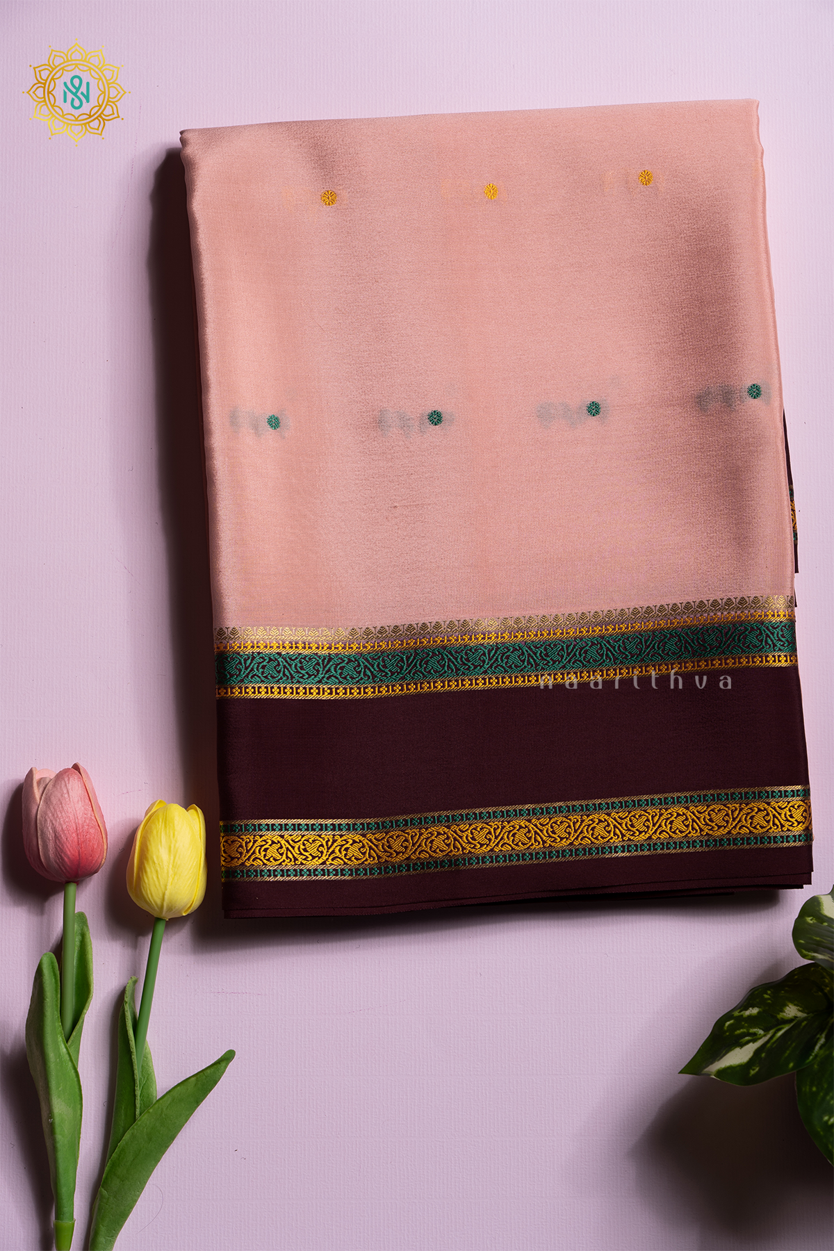 PEACH WITH BROWN - PURE MYSORE CREPE SILK