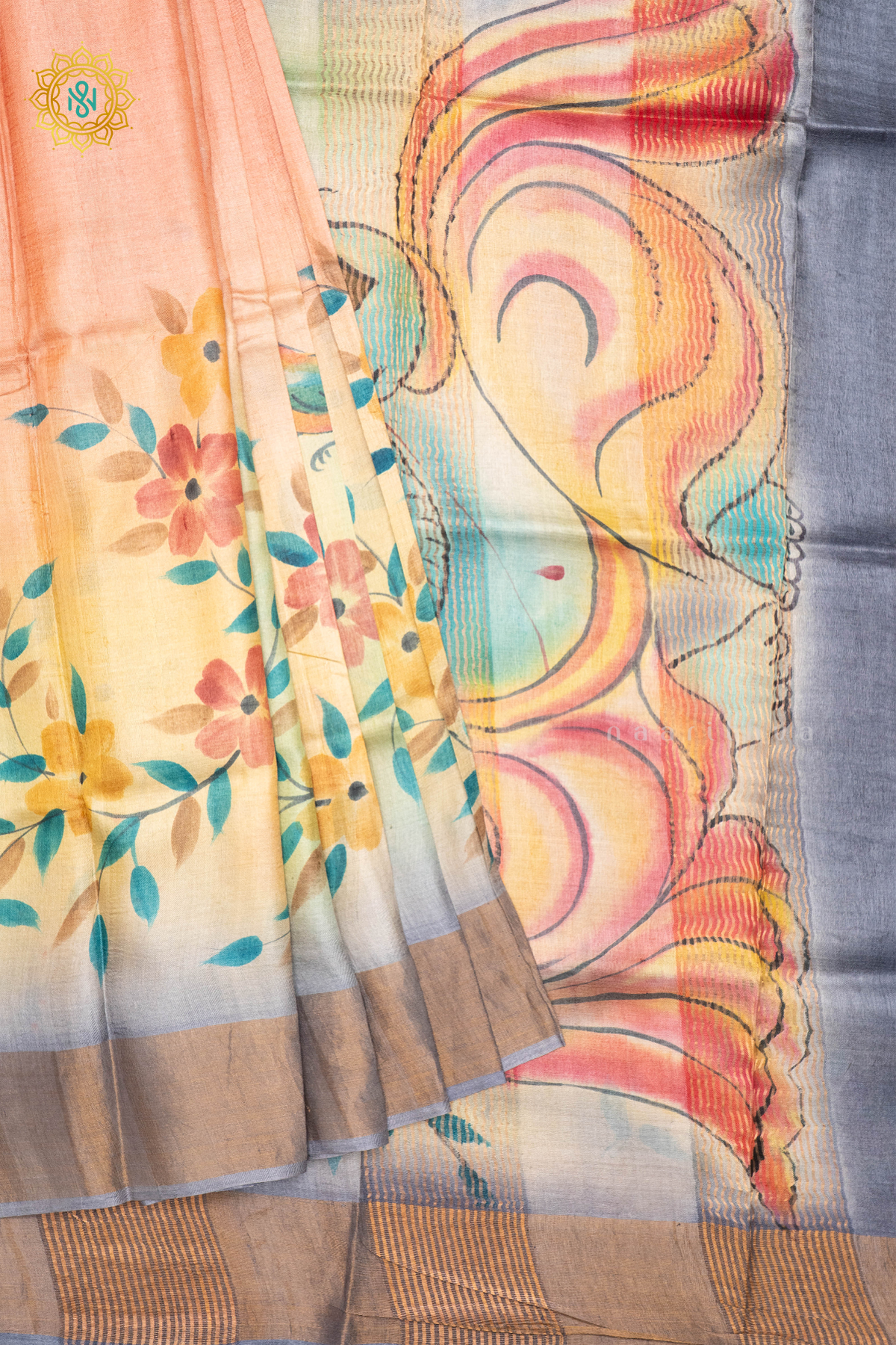 PEACH WITH GREY - PURE TUSSAR SILK WITH HAND PAINTED