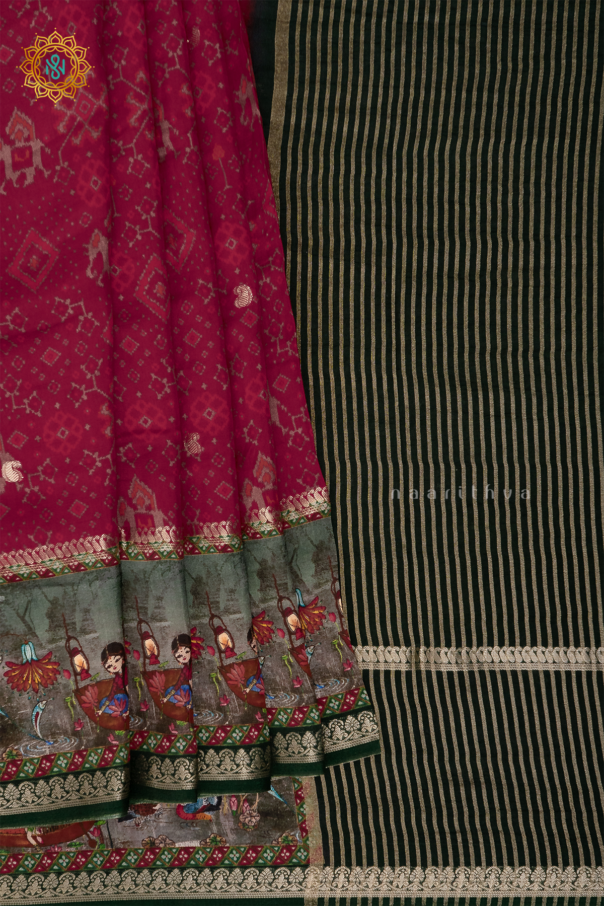 RED WITH GREEN - SEMI CREPE SILK