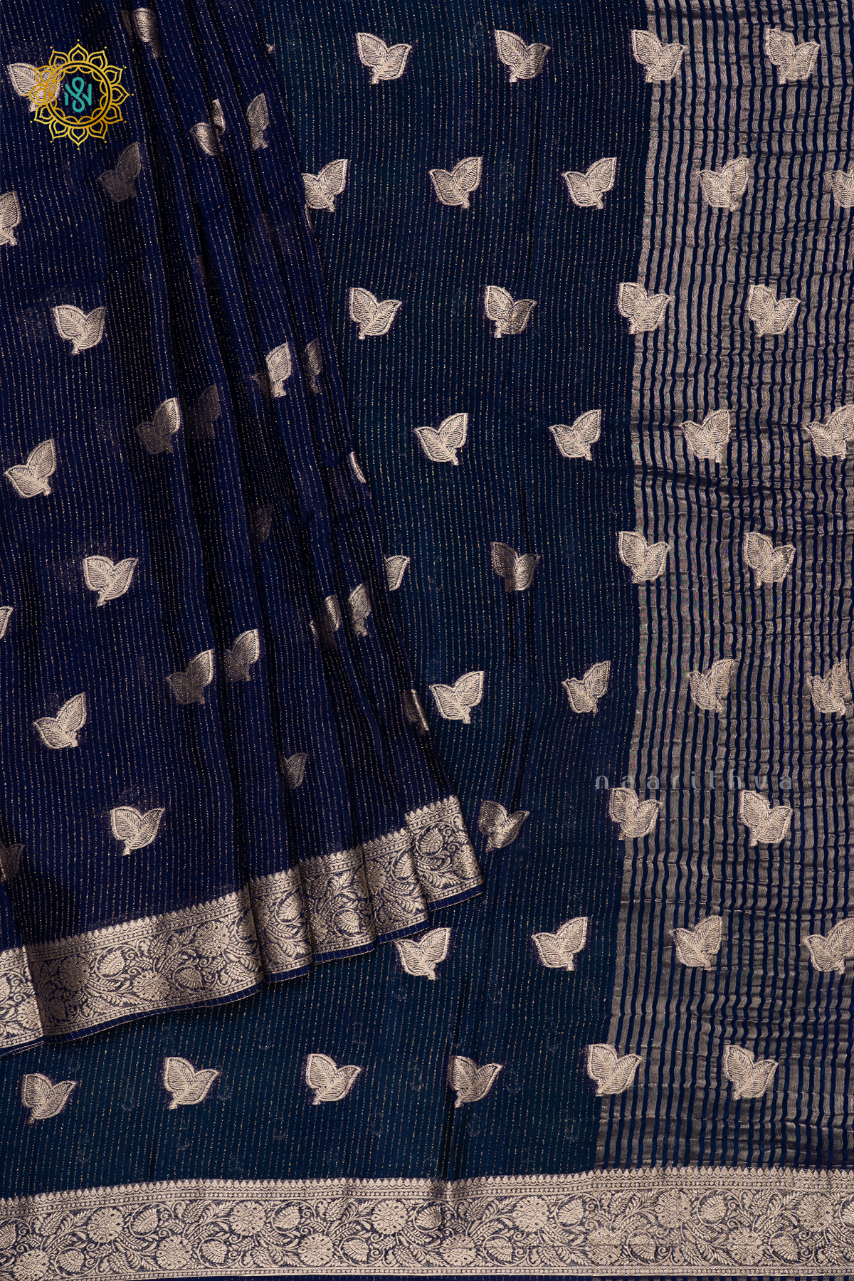 NAVY BLUE WITH GREEN - SEMI GEORGETTE