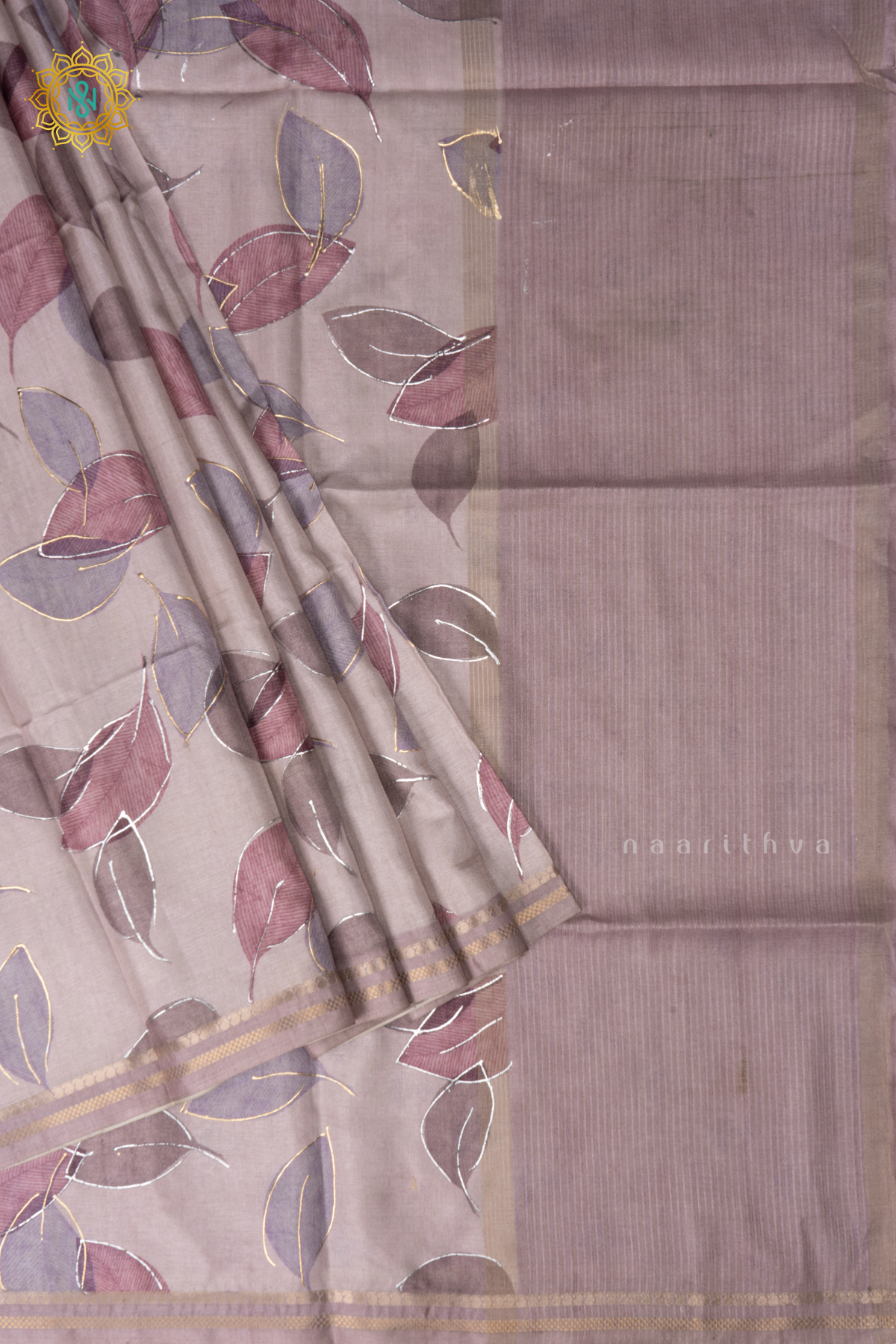 Light Brown Semi Tussar Silk Saree With Allover Leaf Prints On The Body With Contrast Pallu