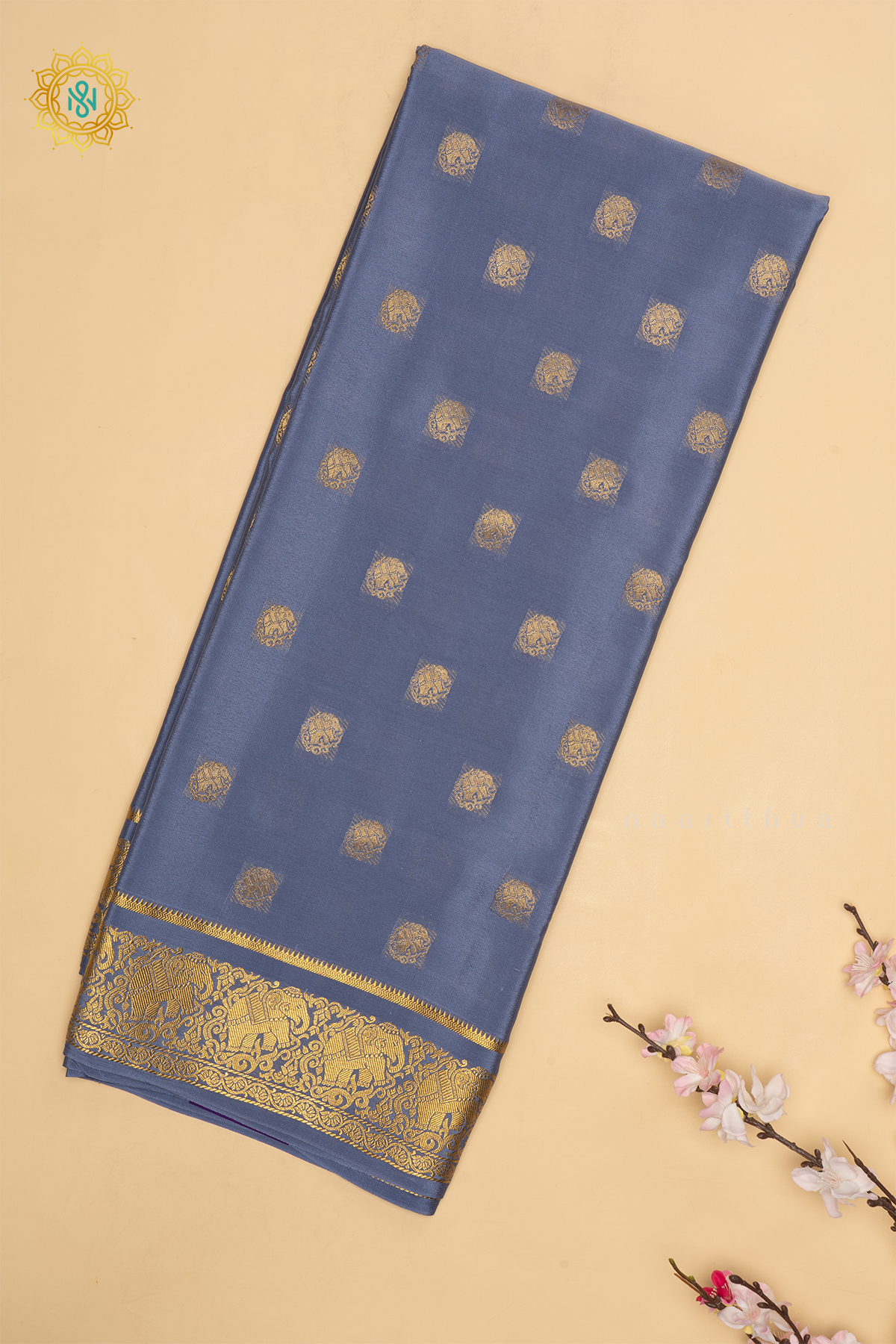 Grey Pure Mysore Crepe Silk Saree with Zari Buttas On The Body and  Zari Border,