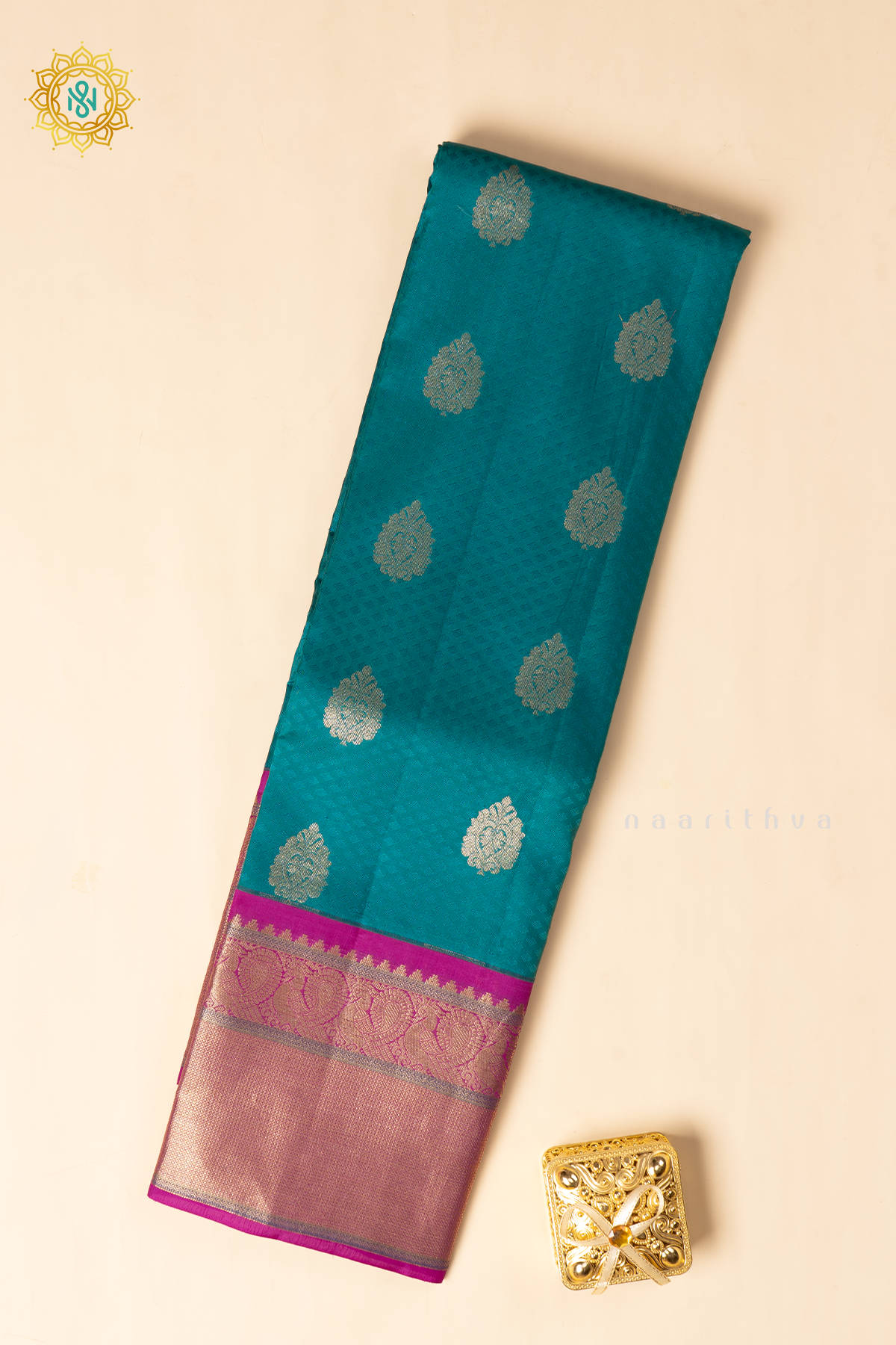 Aqua Green with Magenta Pure Kanjivaram Silk Saree with Zari Woven Buttas and Contrast Zari Border