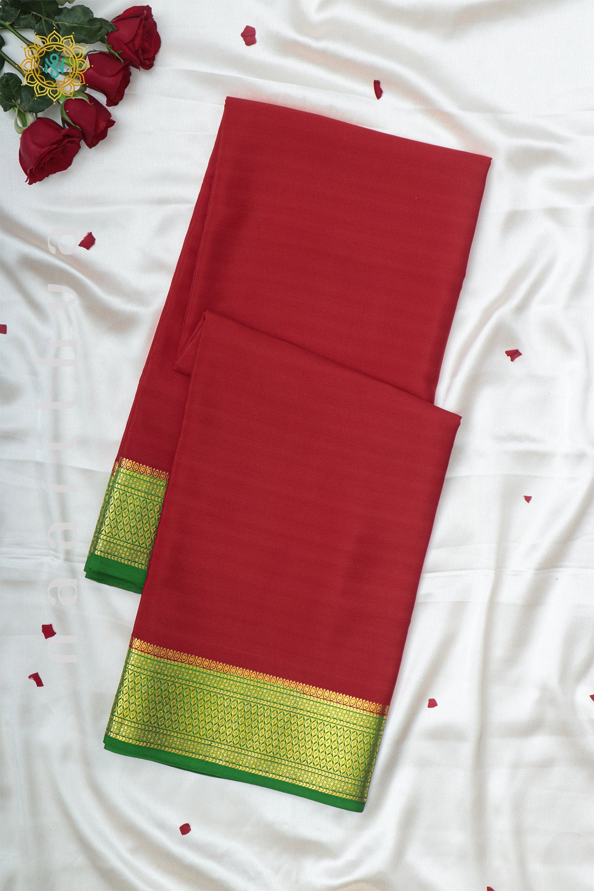 RED WITH GREEN - PURE MYSORE CREPE SILK