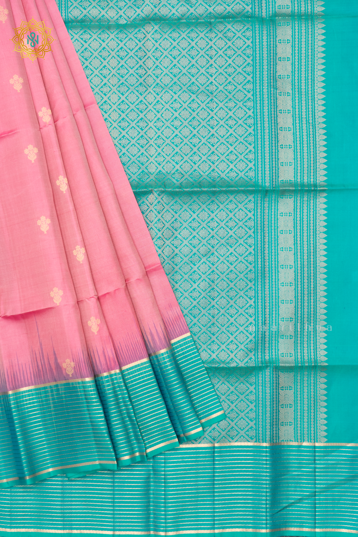 LIGHT PINK WITH AQUA GREEN - PURE KANJIVARAM SOFT SILK