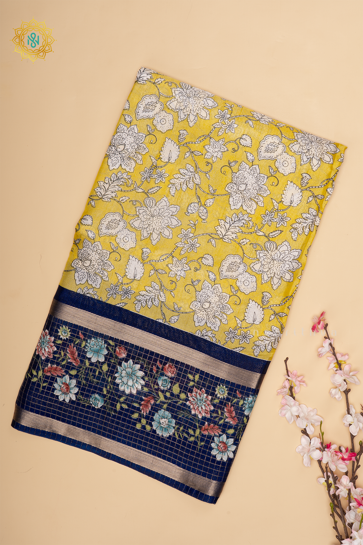 Yellow With Navy Dola Silk Saree With Printed Body And Contrast Zari Checks Border