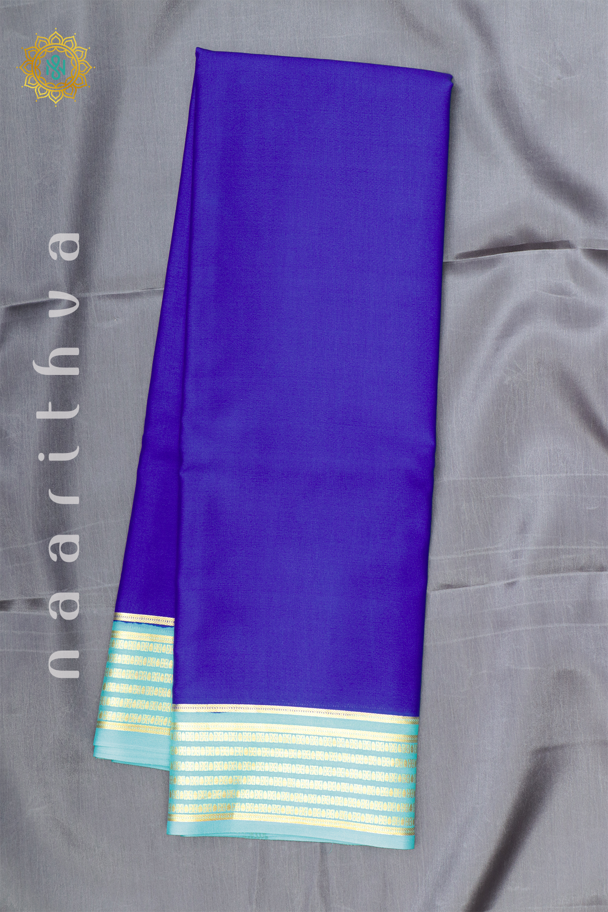 ROYAL BLUE WITH AQUA BLUE - PURE MYSORE CREPE SILK