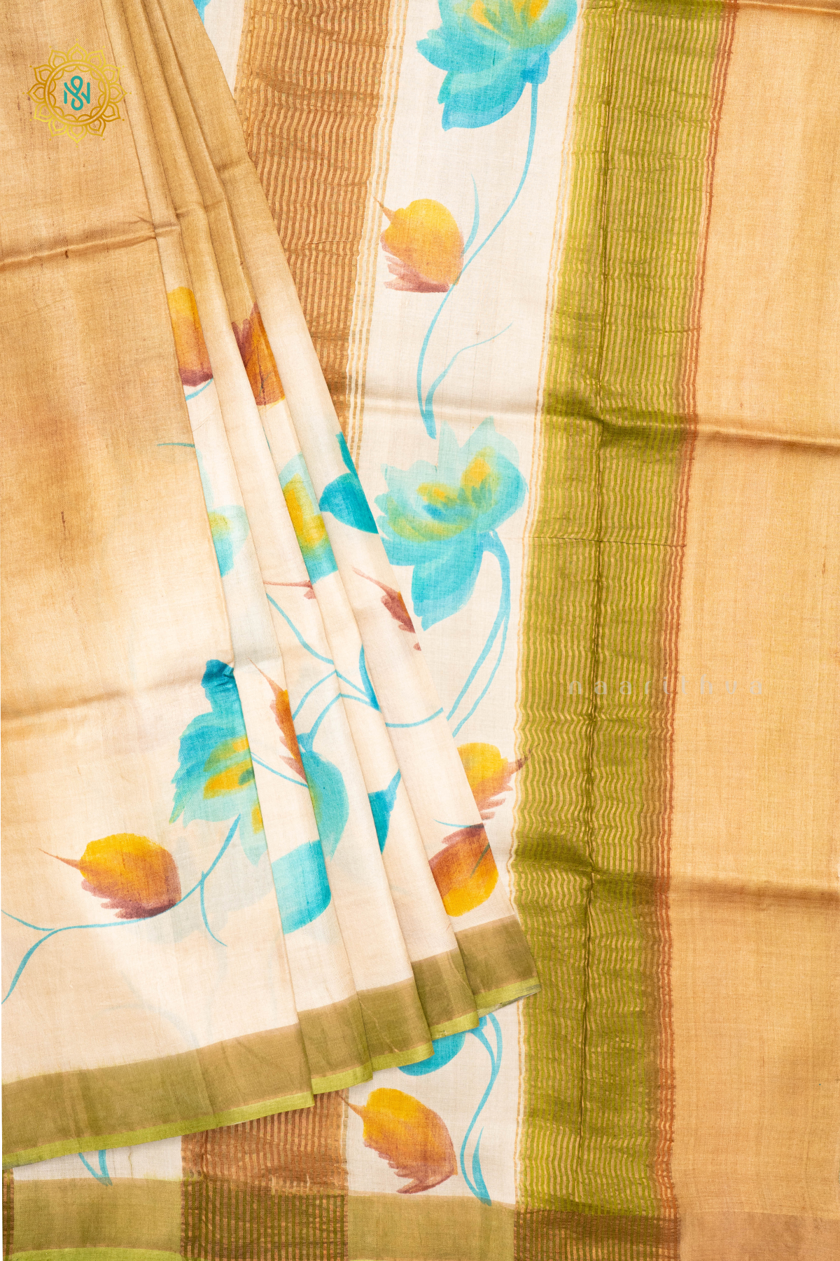 MUSTARD WITH LIGHT GREEN - PURE TUSSAR SILK WITH HAND PAINTED