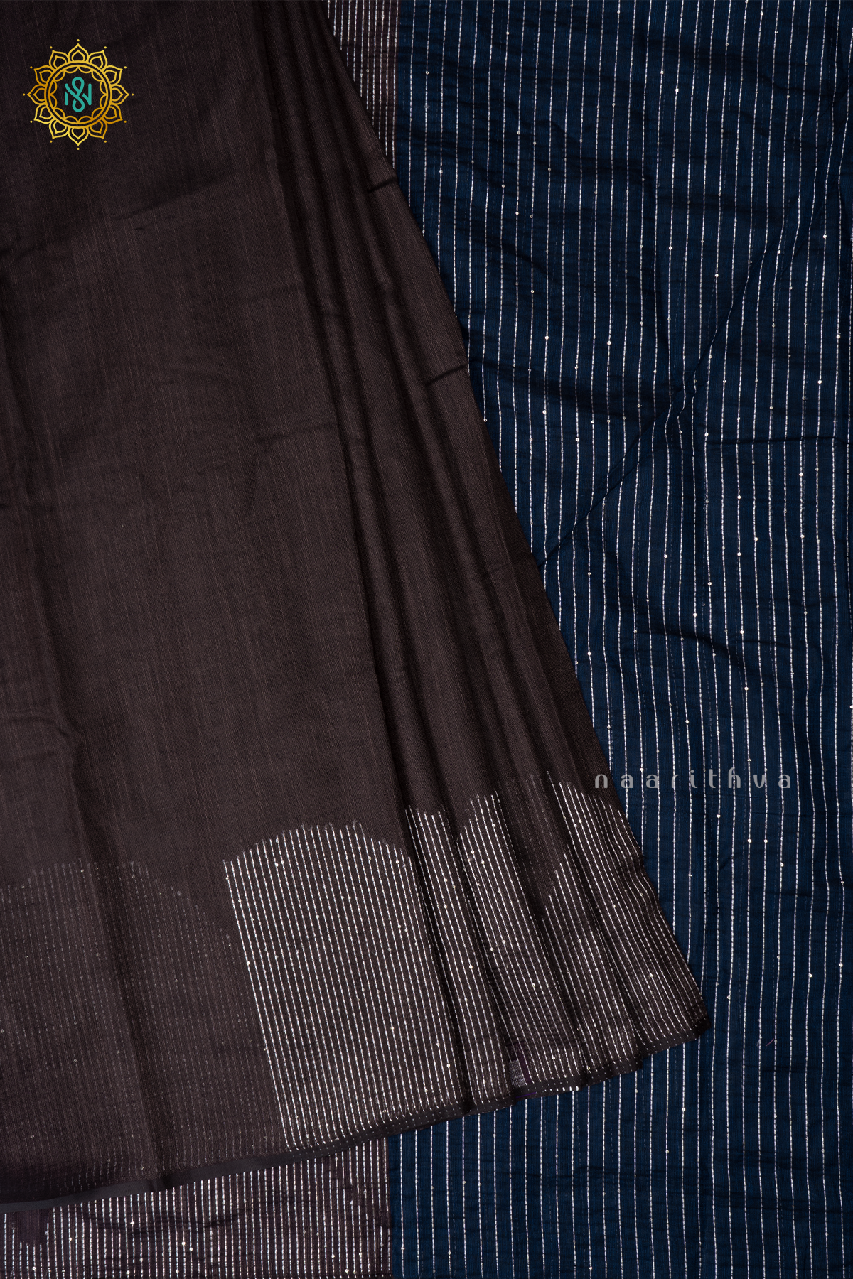 Brown With Blue Linen By Cotton Saree With Contrast Pallu & Blouse
