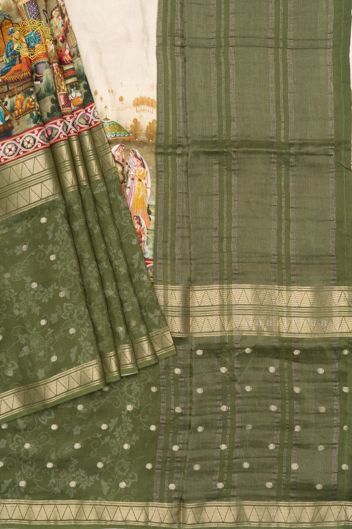 OFF WHITE WITH GREEN - SEMI CREPE SILK