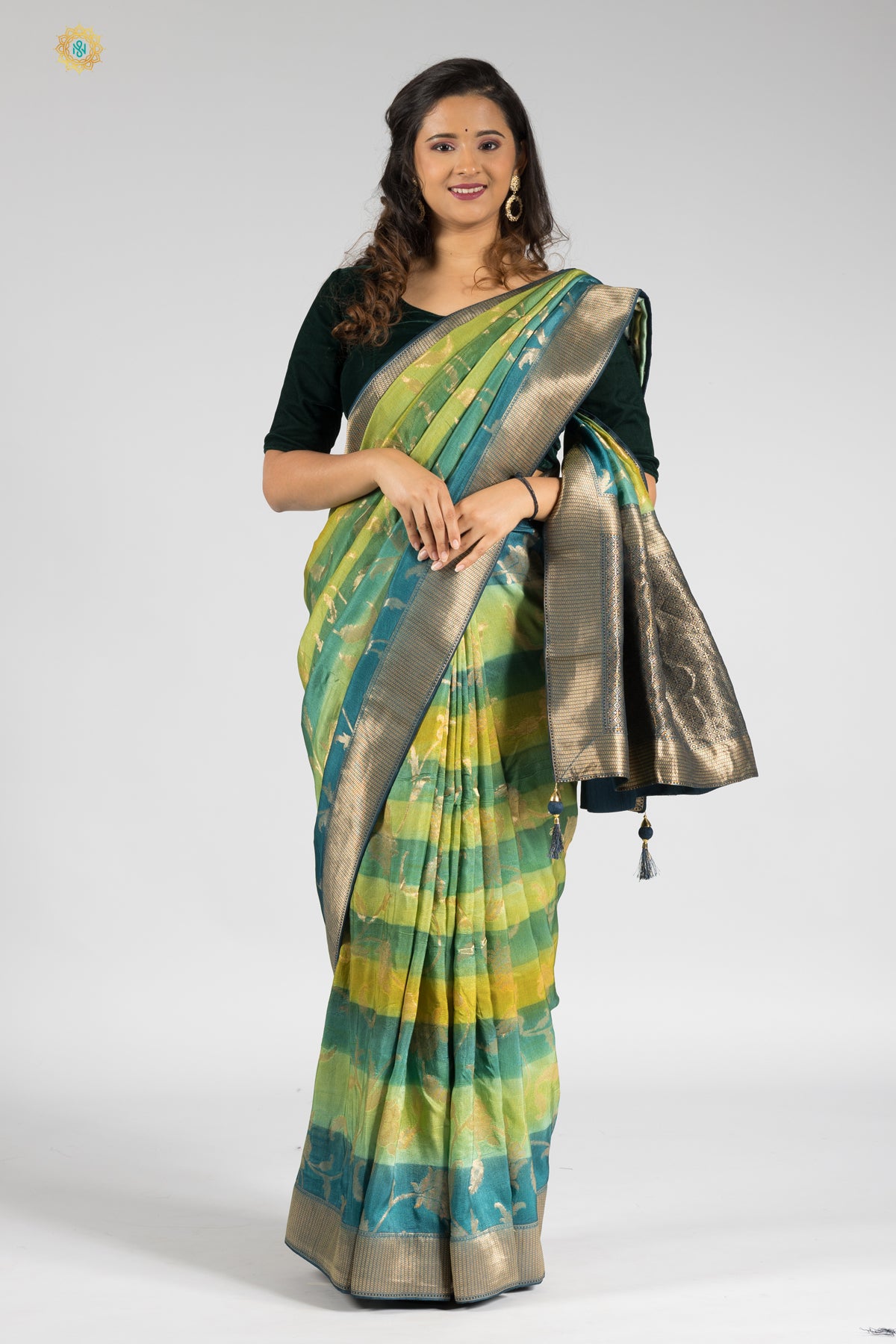 GREEN WITH BLUE - DESIGNER DOLA SILK WITH ZARI WEAVES & CONTRAST BLOUSE
