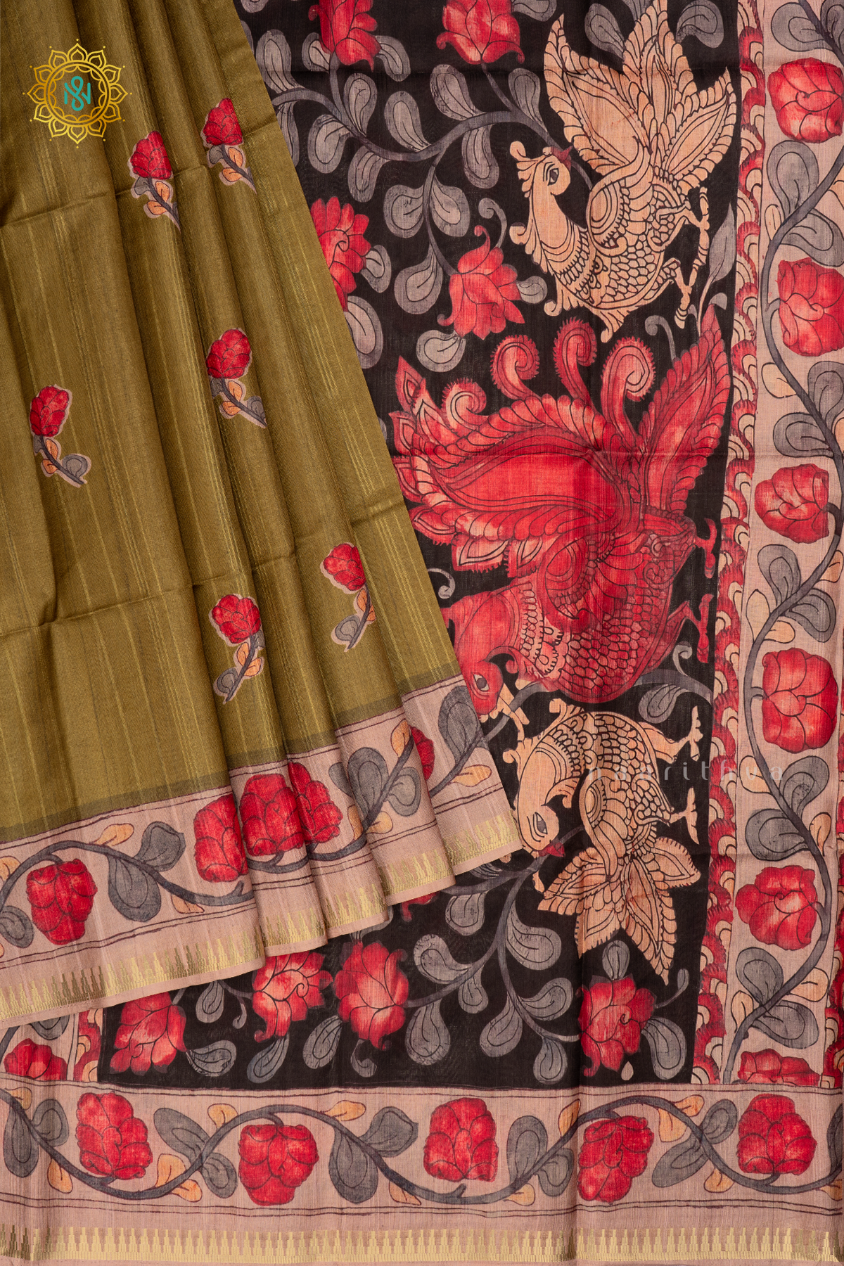 Olive Green Semi Tussar Silk Saree With Kalamkari Prints allover the body,Pallu and Zari Border
