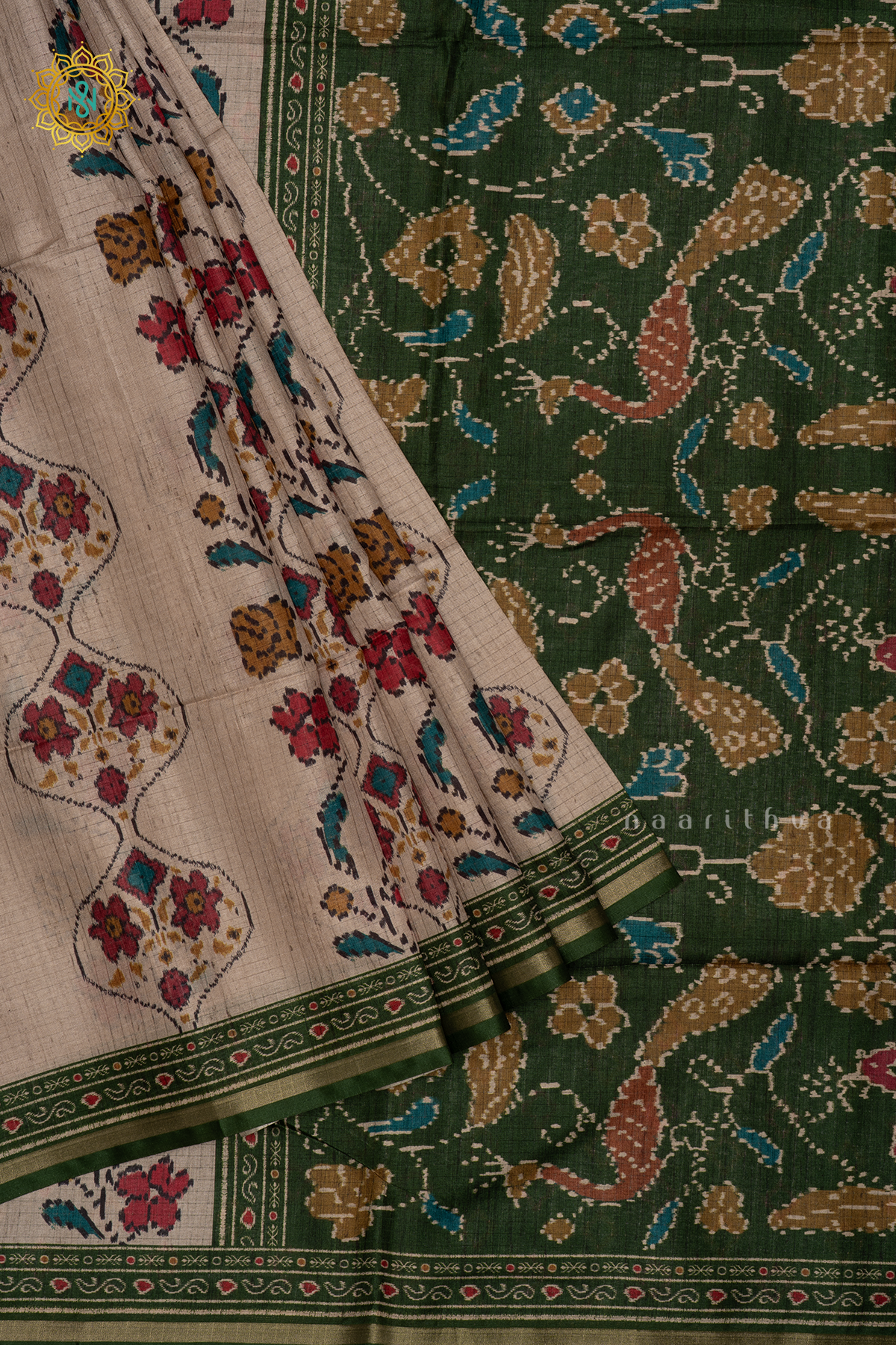 OFF WHITE WITH GREEN - SEMI TUSSAR SILK SAREE PRINTED BODY WITH CONTRAST BORDER