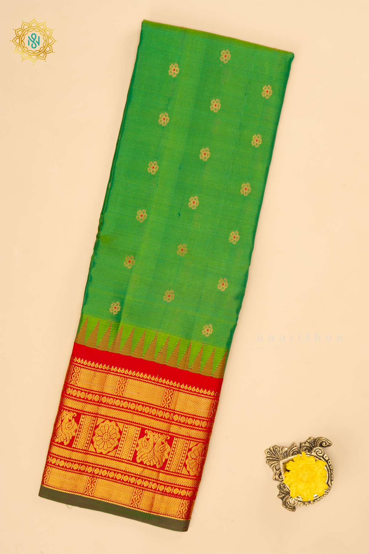 Parrot Green With Red Pure Gadwal Silk Saree With Zari Woven Buttas And Contrast Zari Border