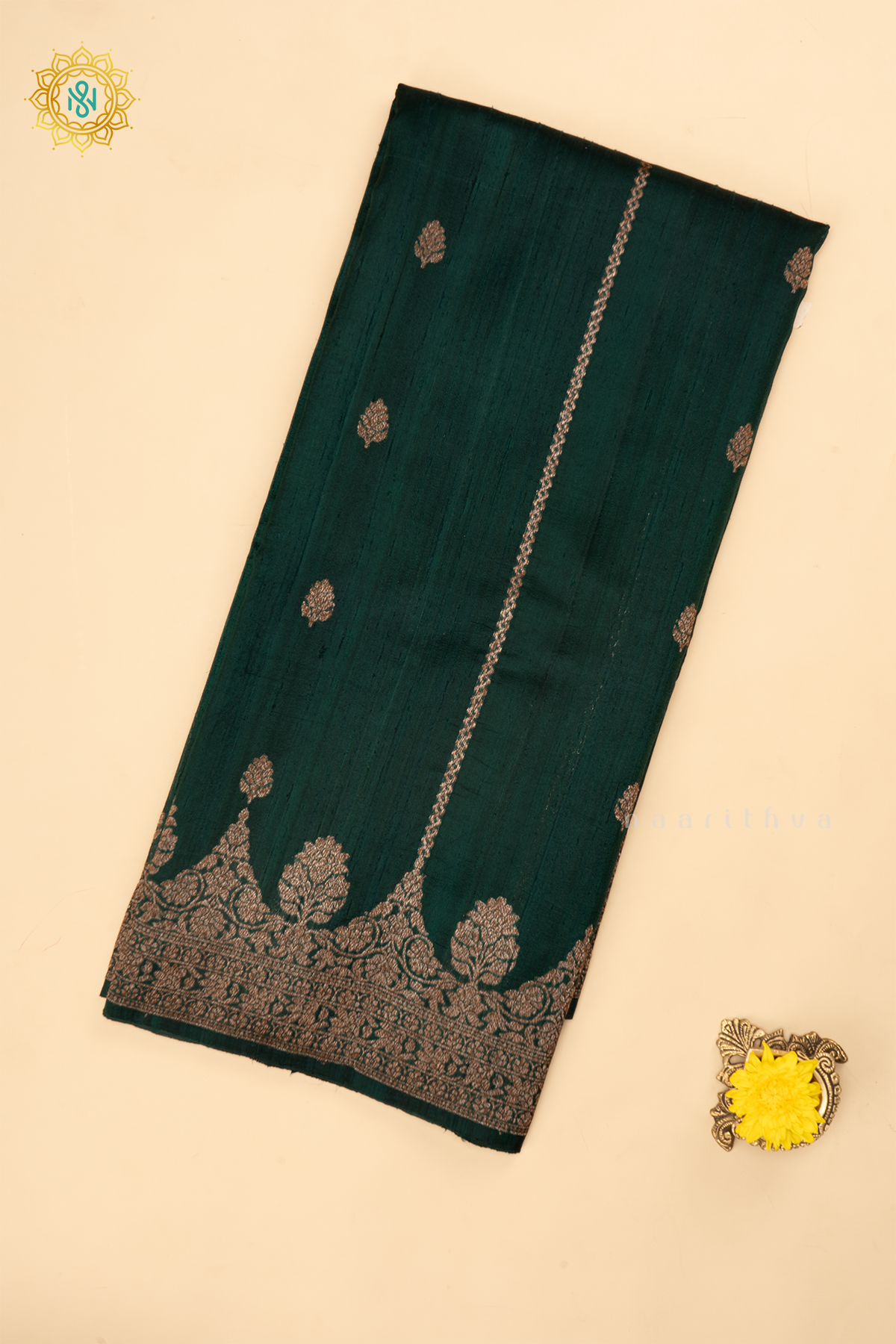 BOTTLE GREEN - PURE BANARASI RAW SILK SAREE WITH ALLOVER ZARI WOVEN BUTTAS AND SCALLOP BORDER