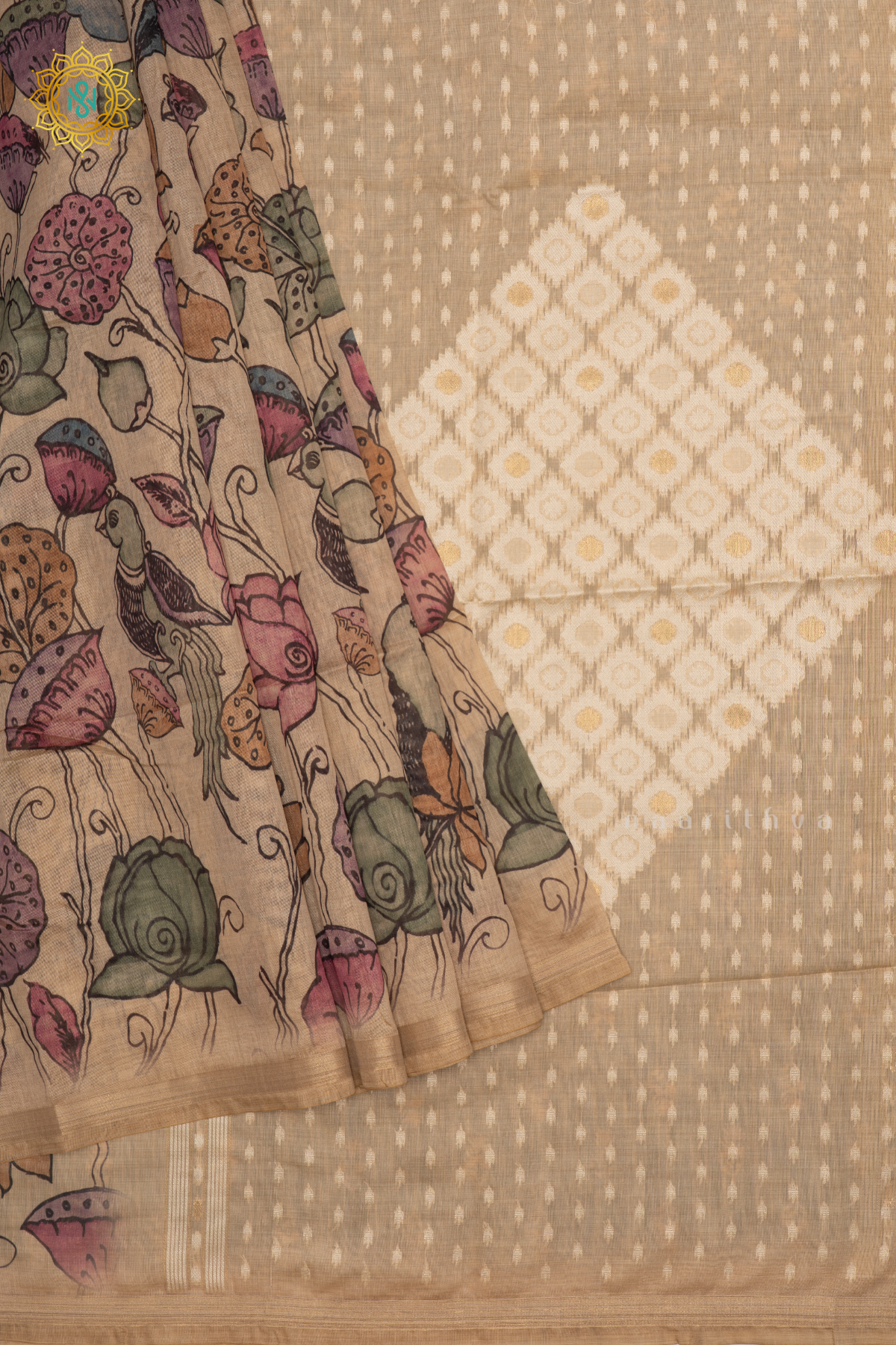 Beige With Light Green Linen By Cotton Saree With Kalamkari Prints On The Body