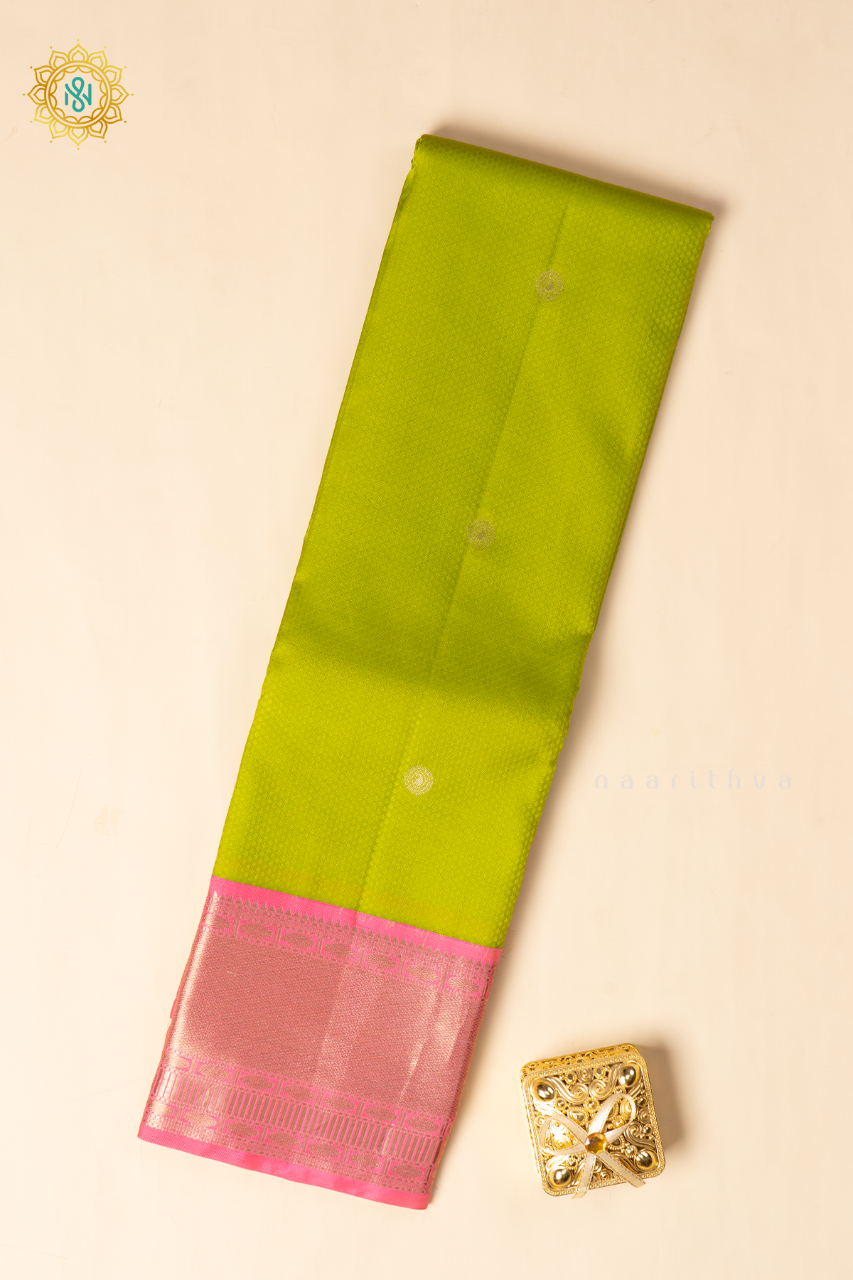 Parrot Green with Light Pink Pure Kanjivaram Silk Saree with Zari Woven Buttas and Contrast Zari Border