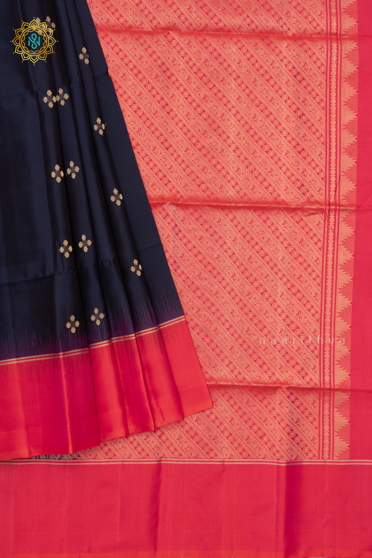 NAVY BLUE WITH DUAL SHADE OF PINK - PURE KANJIVARAM SOFT SILK