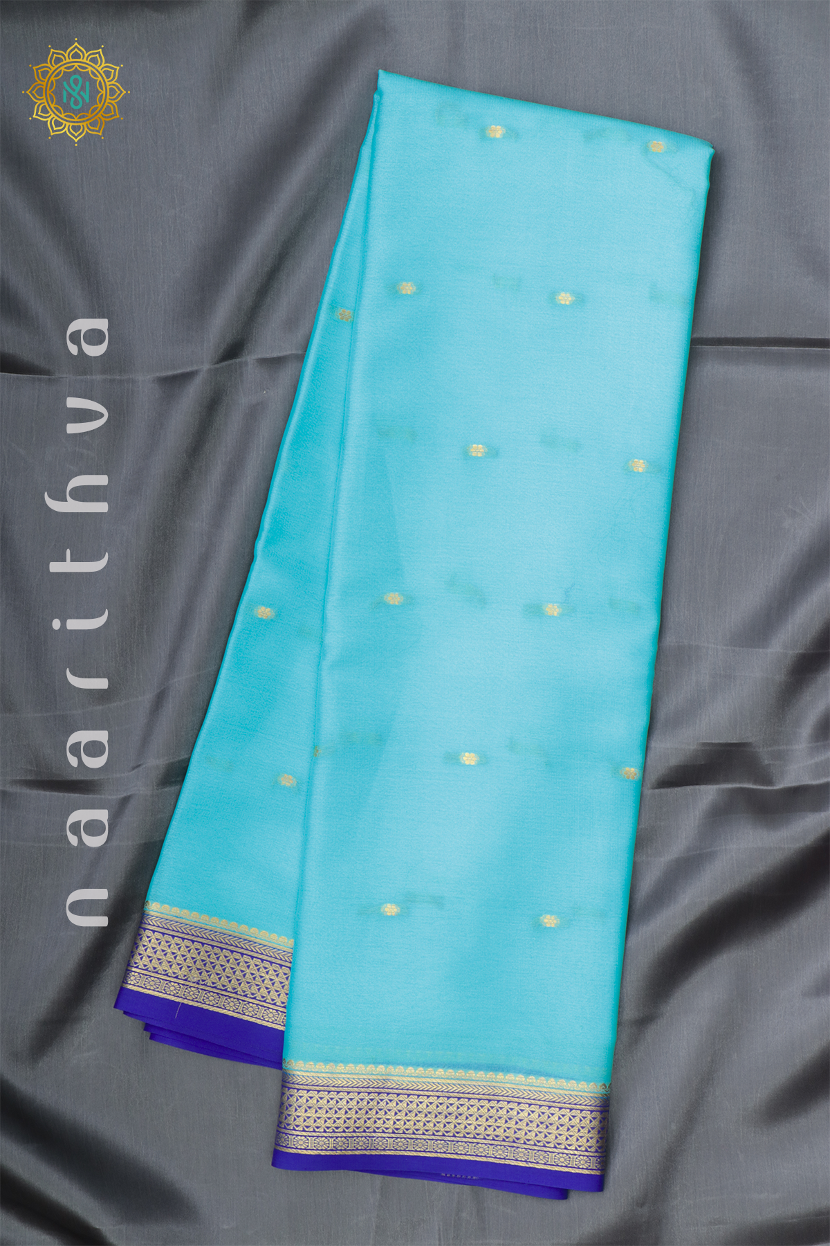 AQUA BLUE WITH ROYAL BLUE - PURE MYSORE CREPE SILK