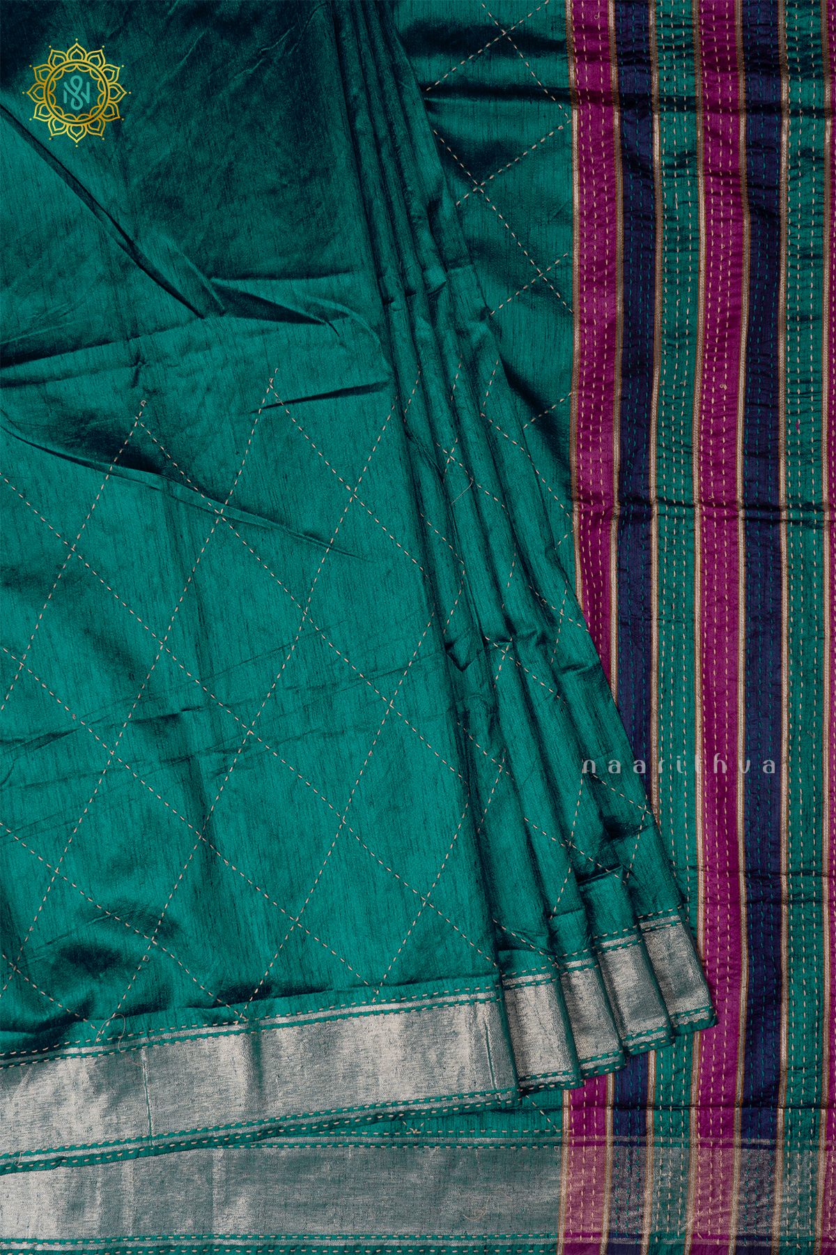 Aqua Green Semi Tussar Silk Sarree With Rangkat Pallu & Blouse