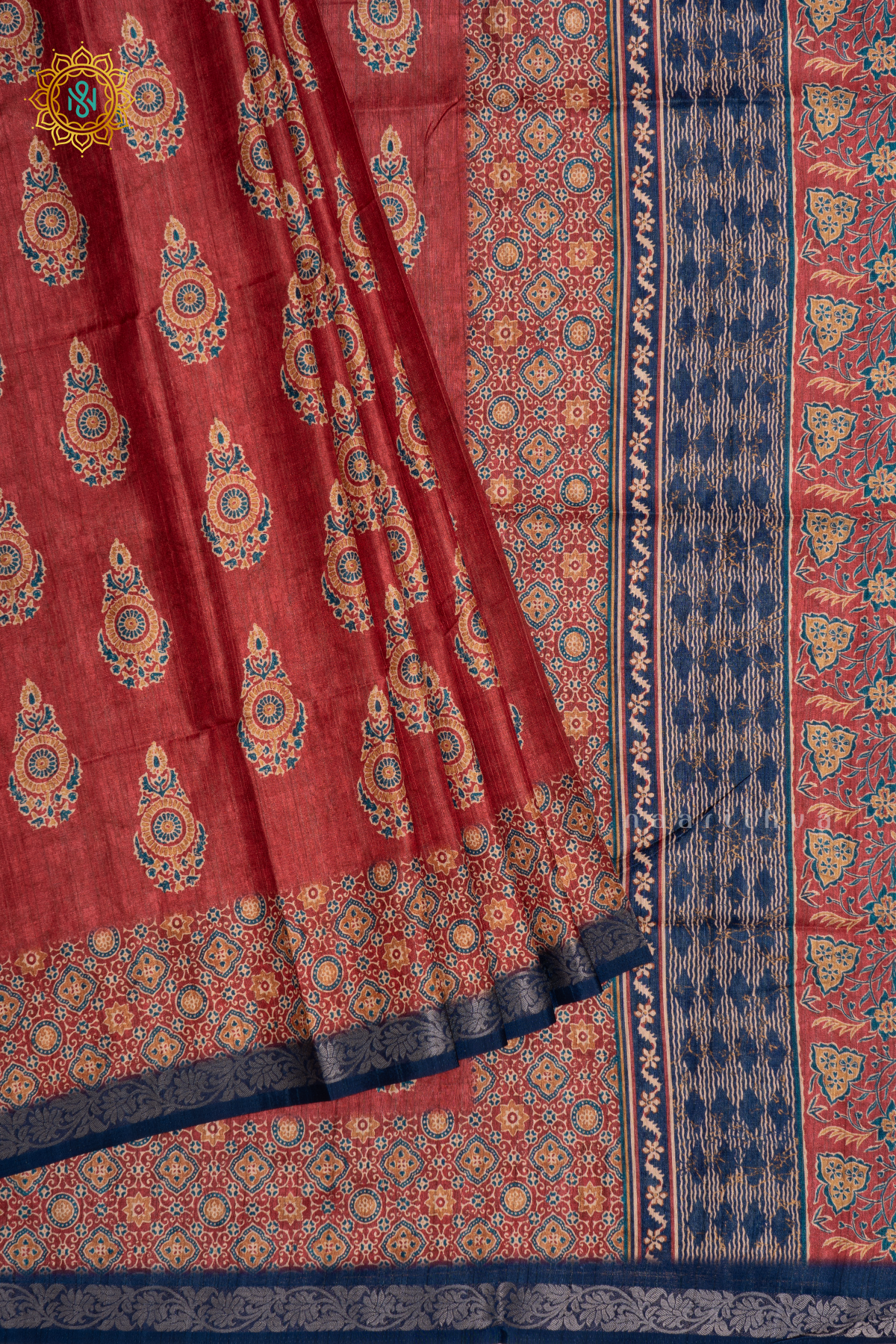 RED WITH BLUE - SEMI TUSSAR SILK SAREE PRINTED BODY WITH CONTRAST BORDER