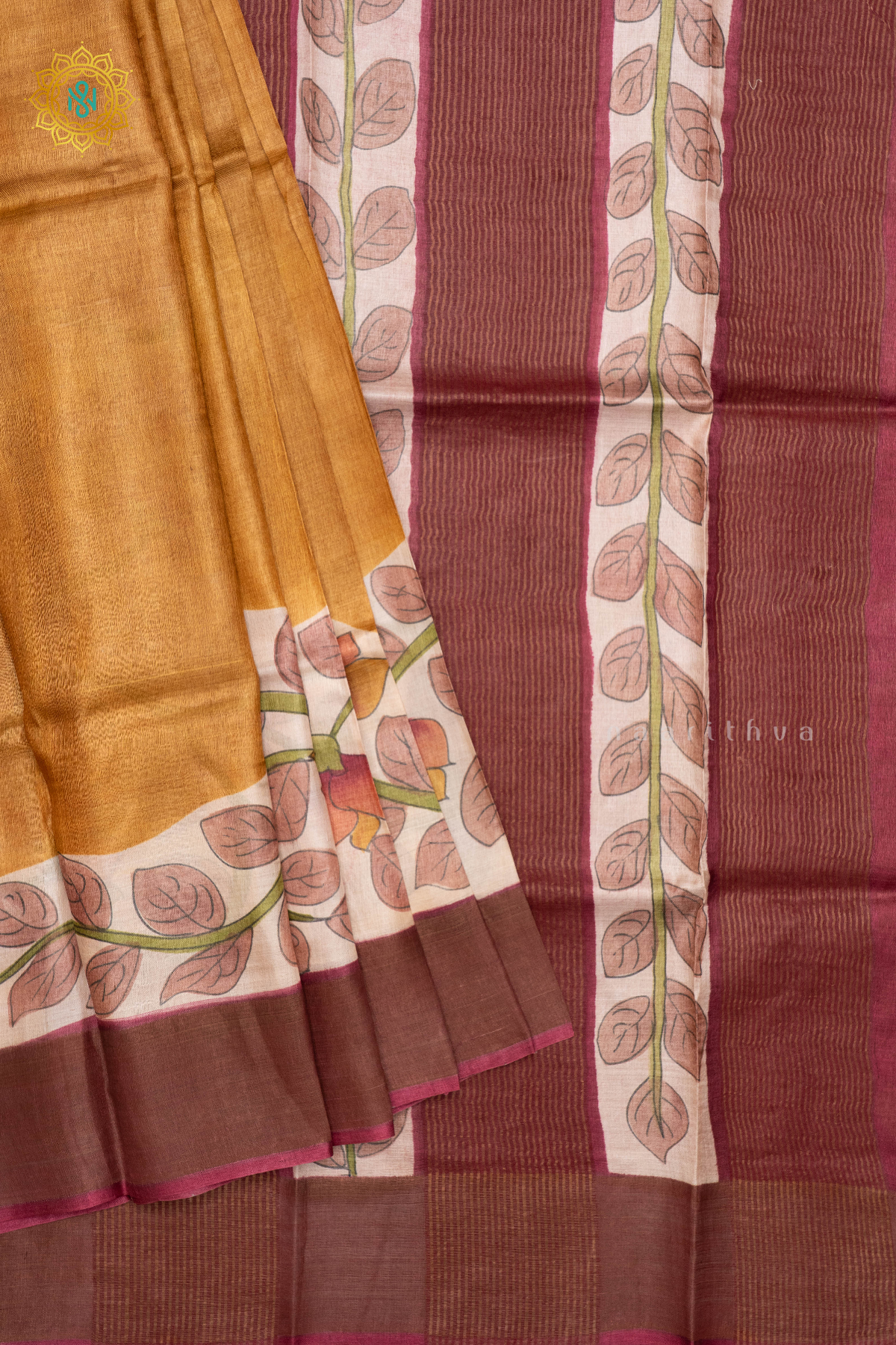 MUSTARD WITH PINK - PURE TUSSAR SILK WITH HAND PAINTED
