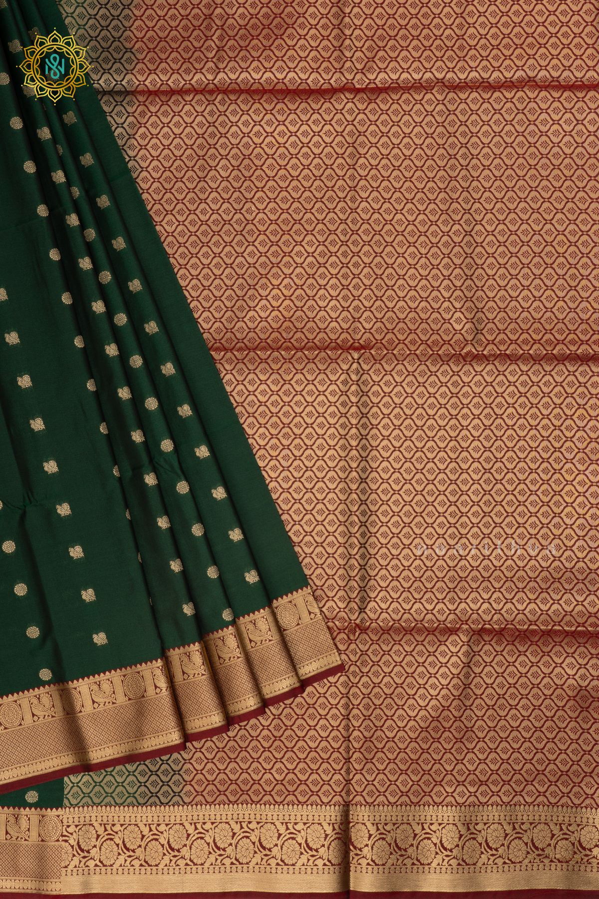 Bottle Green With Maroon Semi Soft Silk Saree Allover Zari Buttas And Contrast Zari Border