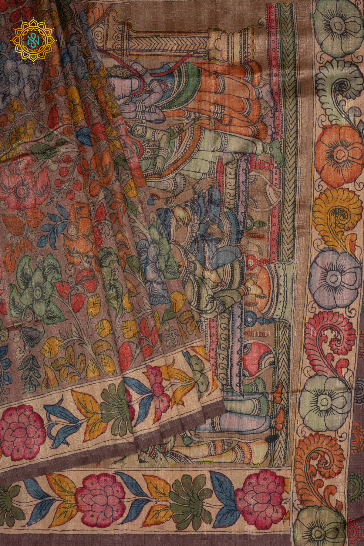 Light Brown With Beige - Semi Gicha Tussar Saree Allover Kalamkari Printed Body With Pallu And Blouse