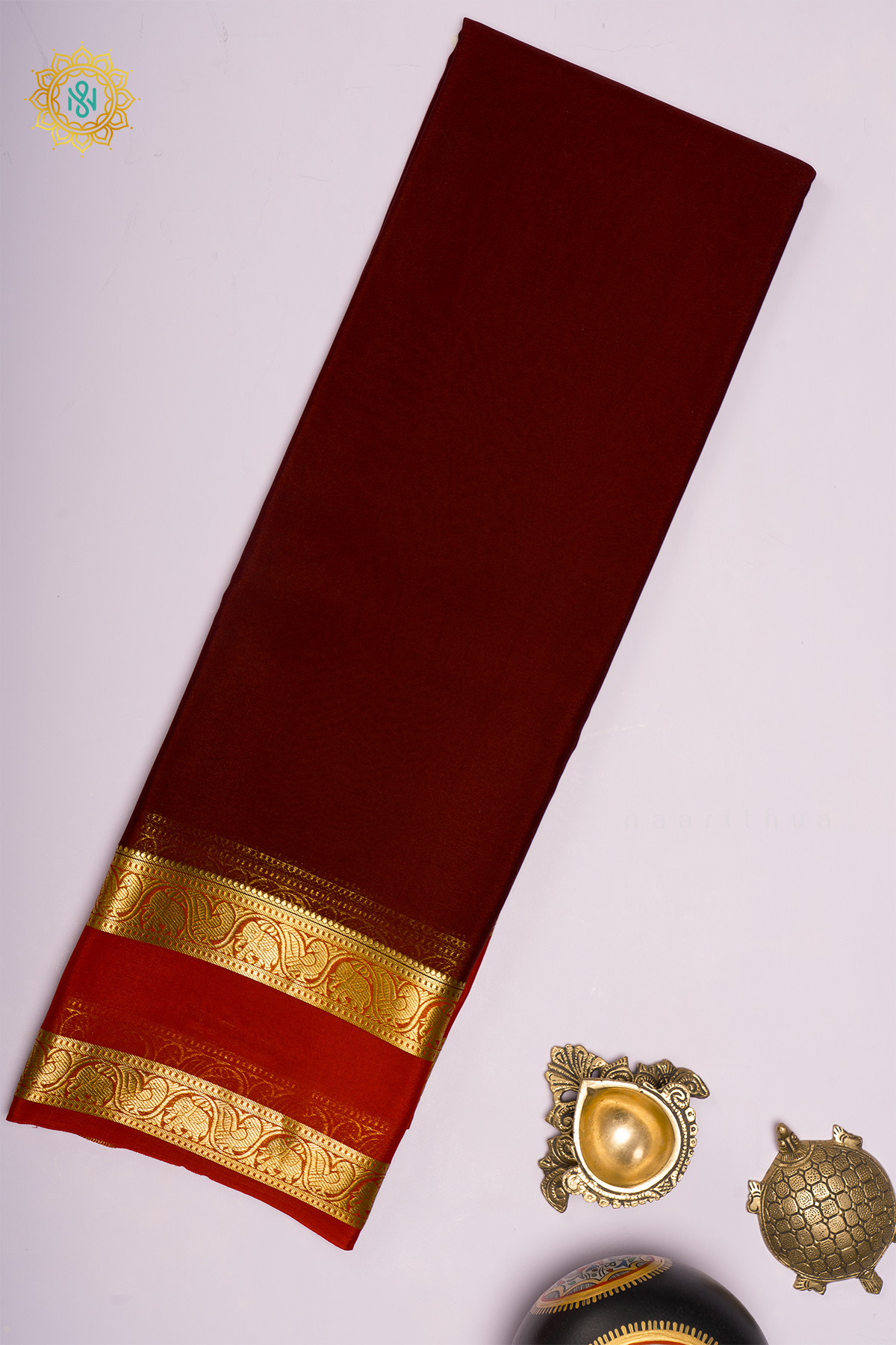 BROWN WITH RED - PURE MYSORE CREPE SILK