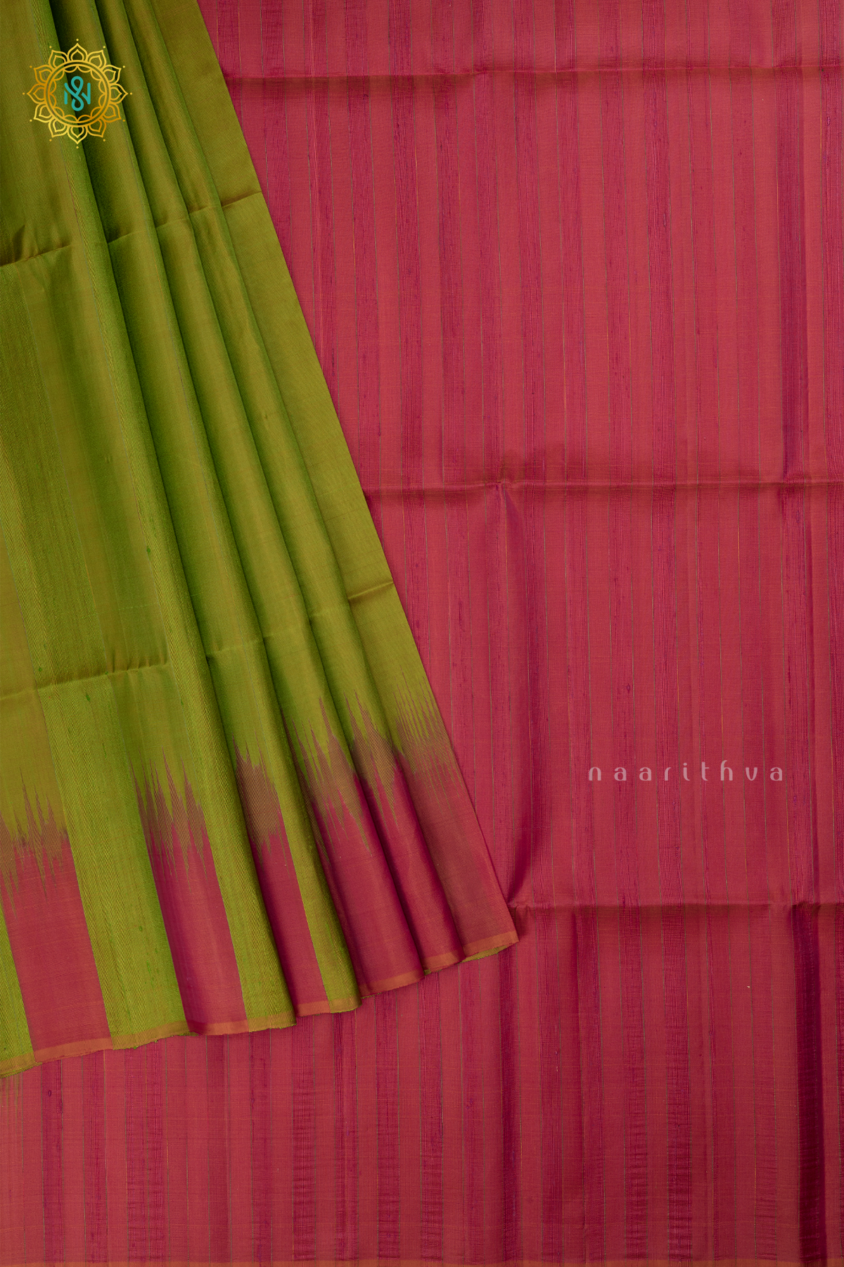 Parrot Green with Pink Pure Kanjivaram Soft Silk Saree With Plain Body And Contrast Temple Rising Border, Pallu