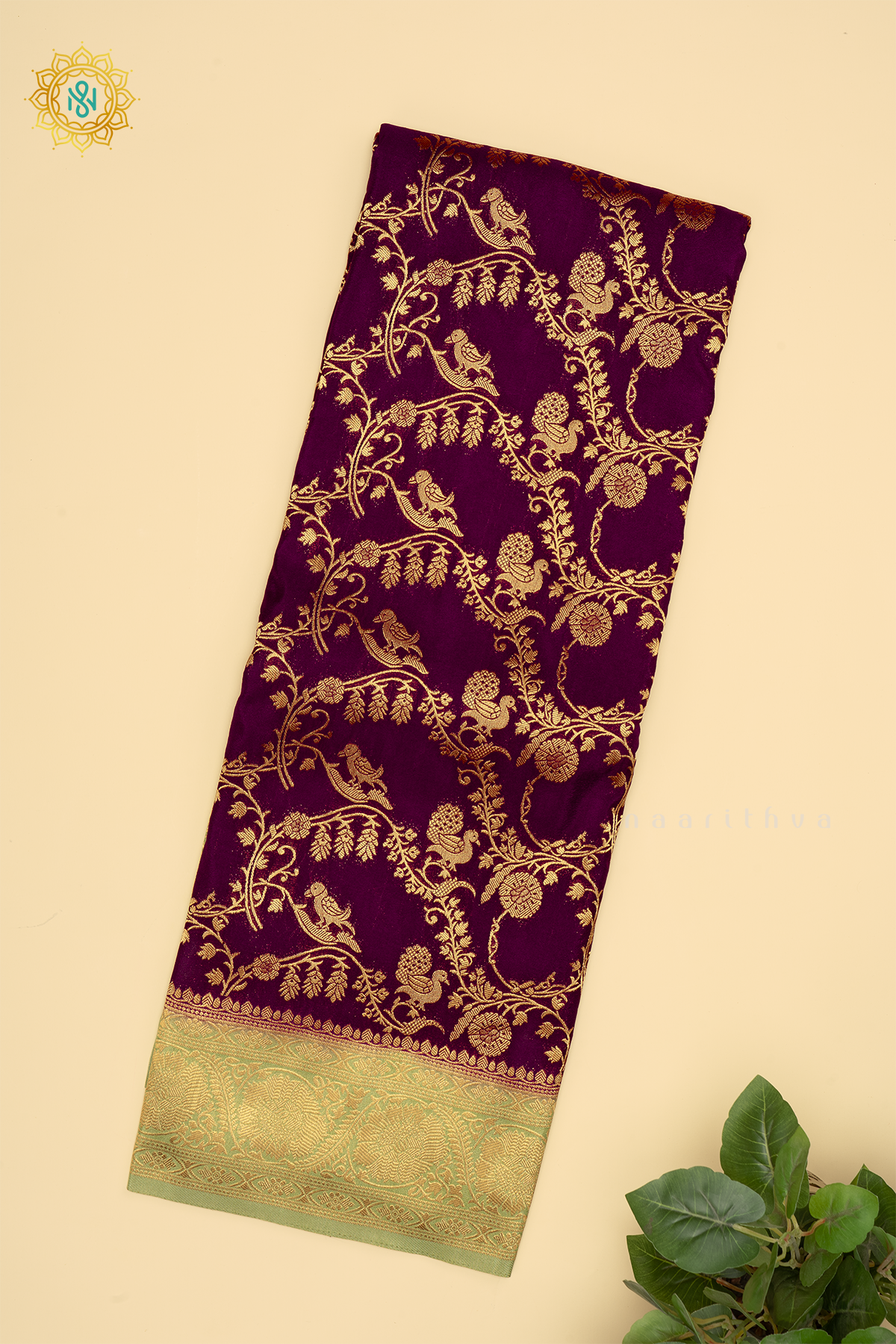 Wine With Pista Green Semi Crepe Georgette Saree With Brocade Body And Contrast Zari Border